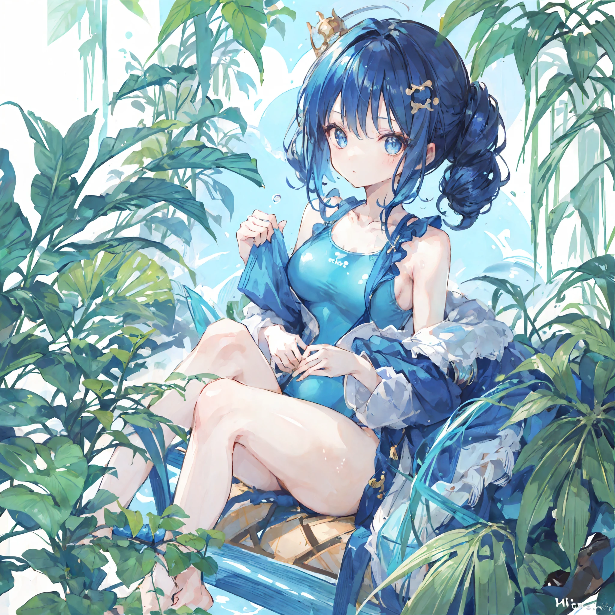 1girl,jungle,:|,beehive hairdo,eye reflection,casual one-piece swimsuit,blue theme hair,