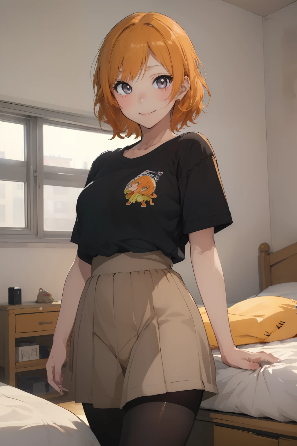 (​masterpiece、top-quality、top-quality、Beautifully Aesthetic:1.2)、1 girl in、ighly detailed、highestdetailed、grey  eyes、orange color hair|Semi-long blonde hair、((Sunny Clothes))、(pantyhose)、Matsumoto Rangiku、graffiti art、Look at the viewer、A smile、Bedroom、on the beds、((Short length))、