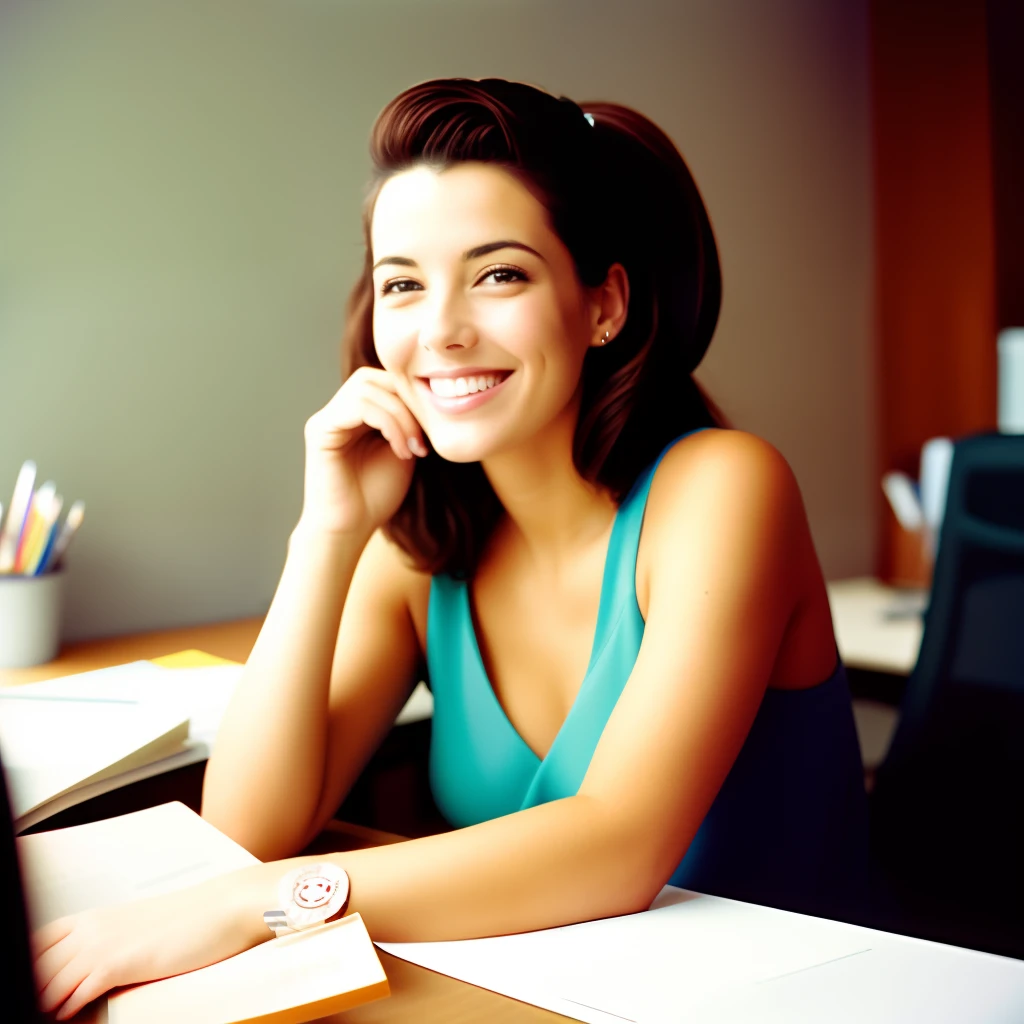 Kodak disposable camera photo of a beautiful female, smiling suggestively, sitting in an office, vintage, old filter