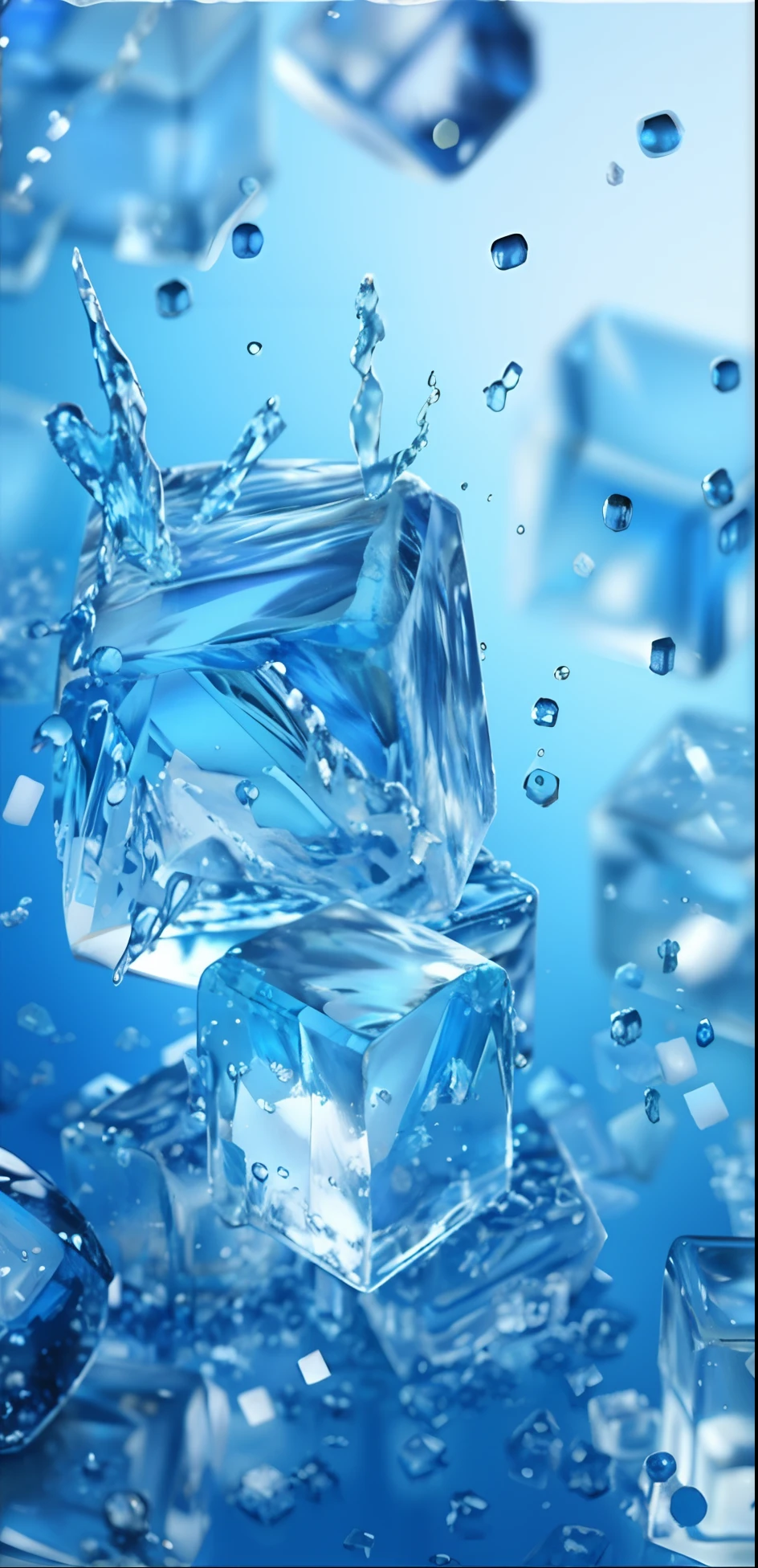 Crystal ice cubes，ice cubes，drippy，blue colors，square shapes，flowing water droplets，Light