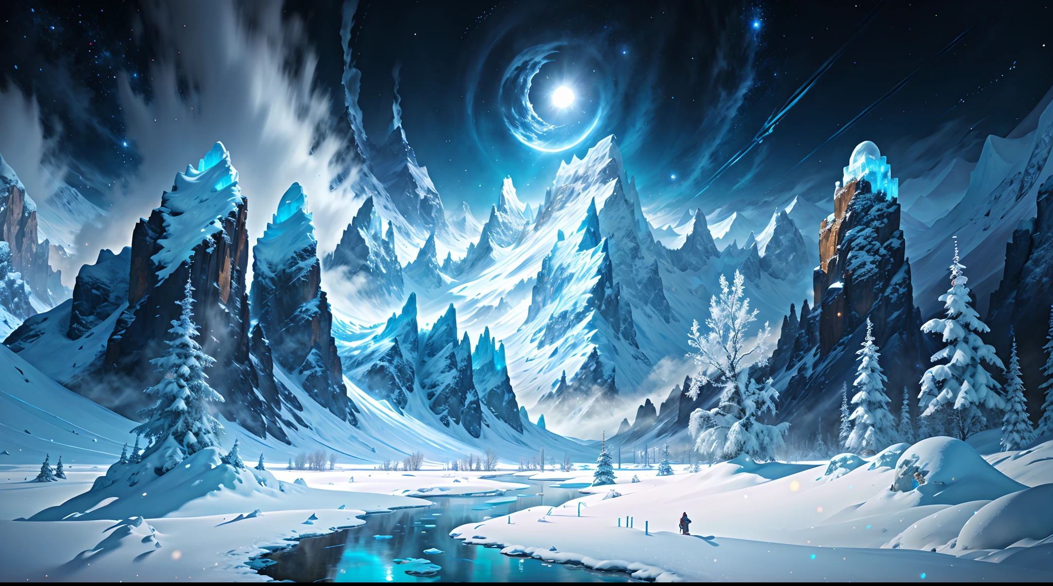 Space Magic Week, Magic concept art highlights,Ancient Chinese landscapes,snow mountains,snowy peak,mountain ranges,Winters,snowflower,Snow and ice cover,Ice Lake,Cold,branches,Bleak,fog atmosphere,blue-sky,baiyun,Rime,Winter sun,north wind,Icicles,snow landscape,holly,Pine,Ice,Frozen soil,Chill,ice - carving,(Very detailed CG unity 8K wallpaper),most beautiful artwork in the world,Professional majestic oil painting,iintricate,high detal,sharp fokus,dramatics,Realistic painting art,Romantic landscape style, canon eos 5d mark iv, Sunny impressionism, sparkling water reflections, high-quality photo, Stock Photo - AR 2:3 --v 5,a digital dreamscape, Magical fantasy 3D concept art, stunning concept art ,Warm pigments,Bright colors,Bright light,Extreme refinement,(tmasterpiece),super detailing,Epic composition,hyper HD,high qulity,offcial art,32k -- v 6