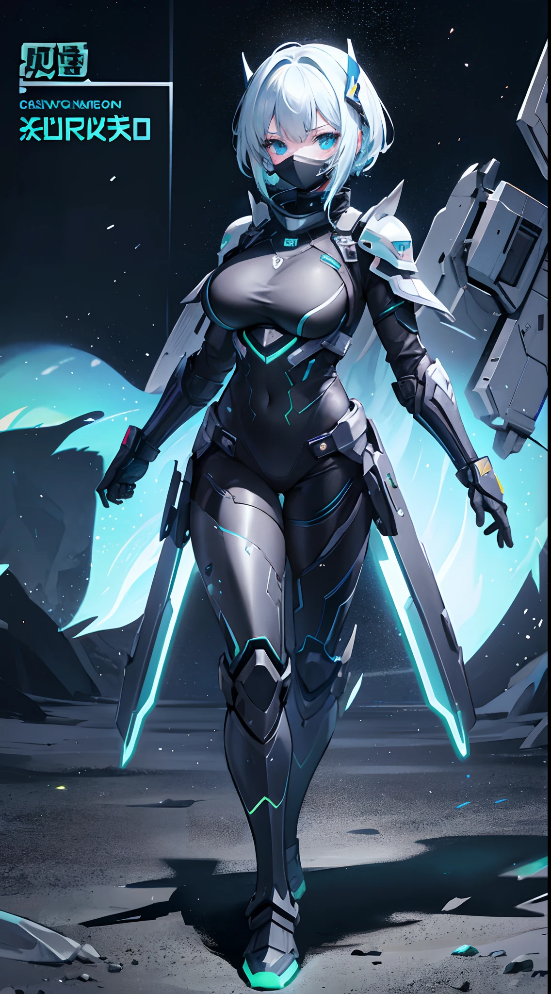 LED armor,Fluorescent armor, solo person, Solo,(gigantic breasts:0.9),European knights,machine girl,Cover your entire face,Full cover mask,Black iron boots,Black hand armor,Full body like,Stand at the night of the aurora,Walk in the wilderness,white backgrounid,simplebackground, technological background,