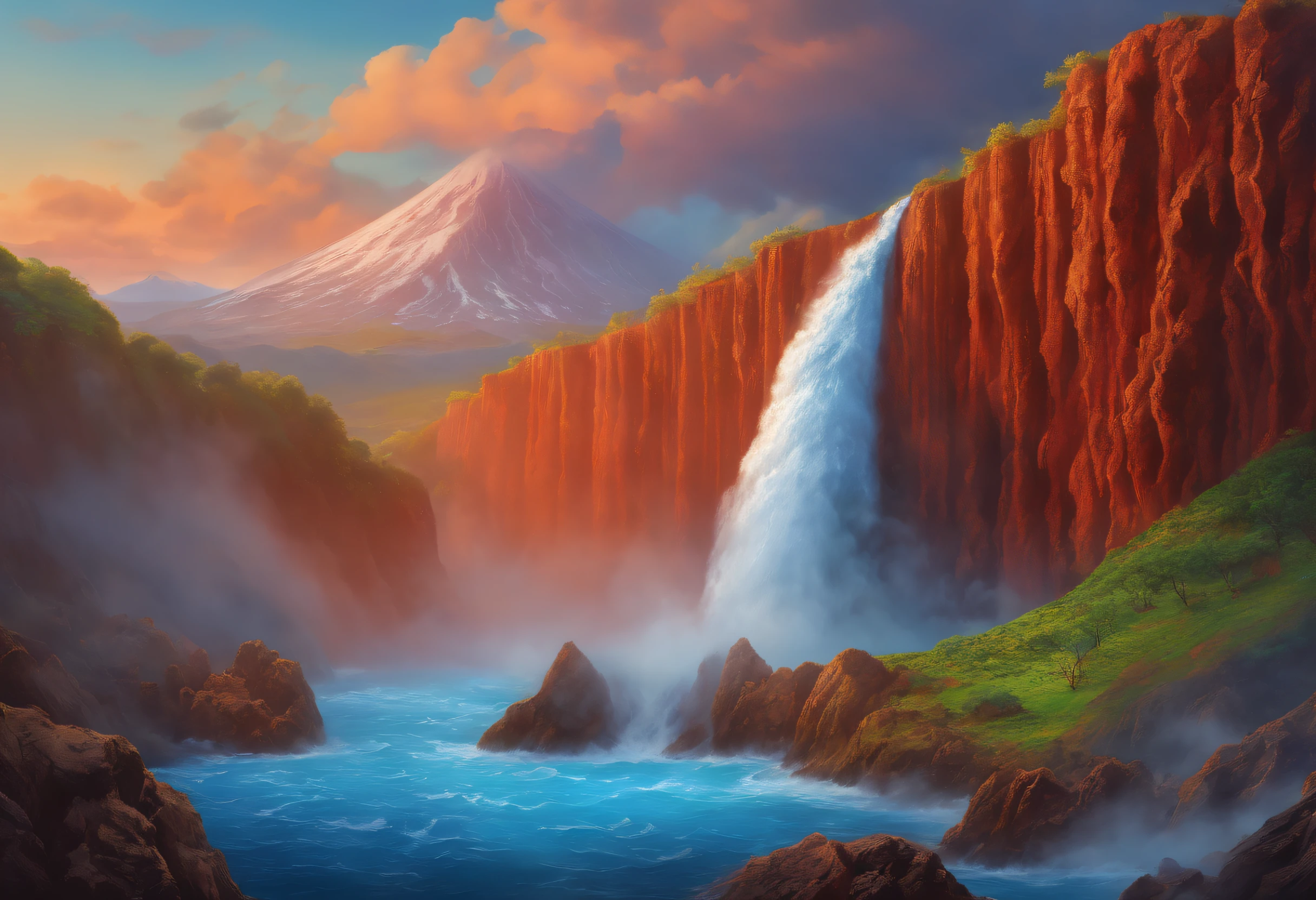 National Geographic style picture, Award winning,(best detailed: 1.5), an picture of an epic sized waterfall in the volcano at midday , an (epic sized waterfall: 1.3), water coming down from a volcanic cliff, multi level water falls, several pools created in different levels, forming new waterfalls, water cascading into a (large lava pool: 1.3) steam rising, clear water in many hues of blue and azure falling, hitting a pool of lava in colors of orange and red, boiling lava, you can see the water hitting the pool and (steam of fog rising from the pool: 1.2) , drops of water splashing around, volcanic cliff background, a long shot, photorealistic, 16k, RAW, award winning, (best detailed: 1.5), masterpiece, best quality, (best detailed: 1.3), full body, ultra wide shot