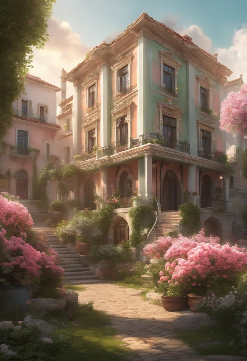(best quality,4k,8k,highres,masterpiece:1.2),ultra-detailed,(realistic,photorealistic,photo-realistic:1.37),small-size,western-style,beautiful illustrated artwork,highly detailed scene,breathtaking architectural illustration,three-level small western-style buildings,white walls,light green doors and windows,pink roses,dainty floral vines,anime background art,relaxation concept art,anime landscape concept art,extremely detailed scene,beautiful artistic illustration,highly detailed environment design illustration,stunning anime scenery,anime landscape,soft and detailed painting,environmental art,bright and vibrant color scheme,3D style