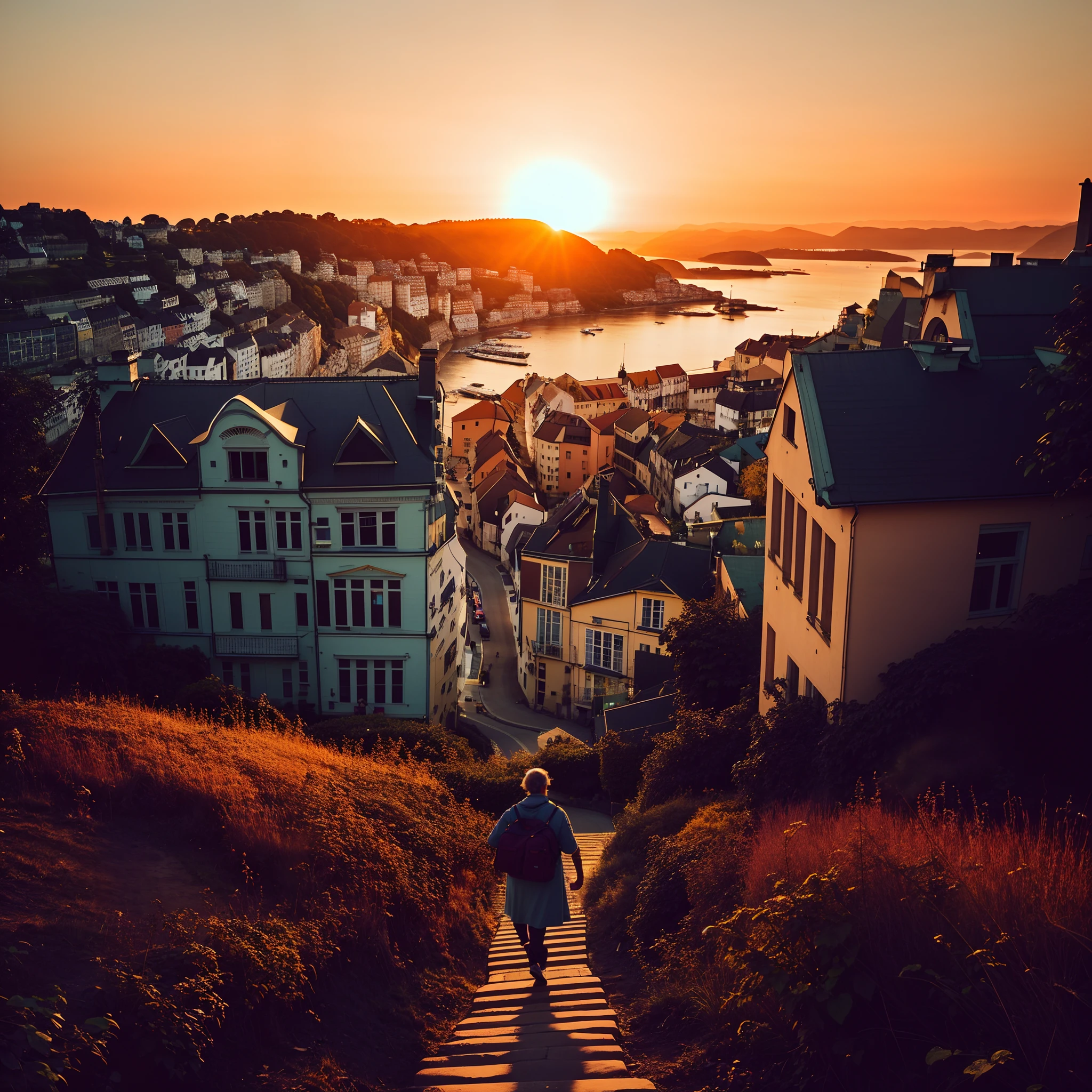 view of a person walking up a steep hill with a sunset in the background, late summer evening, french colony architecture city,inspired by Wilhelm Marstrand, from the distance, by Ejnar Nielsen, norway, in the evening, sunset view, summer evening, surrounding the city, by Jens Søndergaard, golden hour time, bird eye view, at the golden hour
