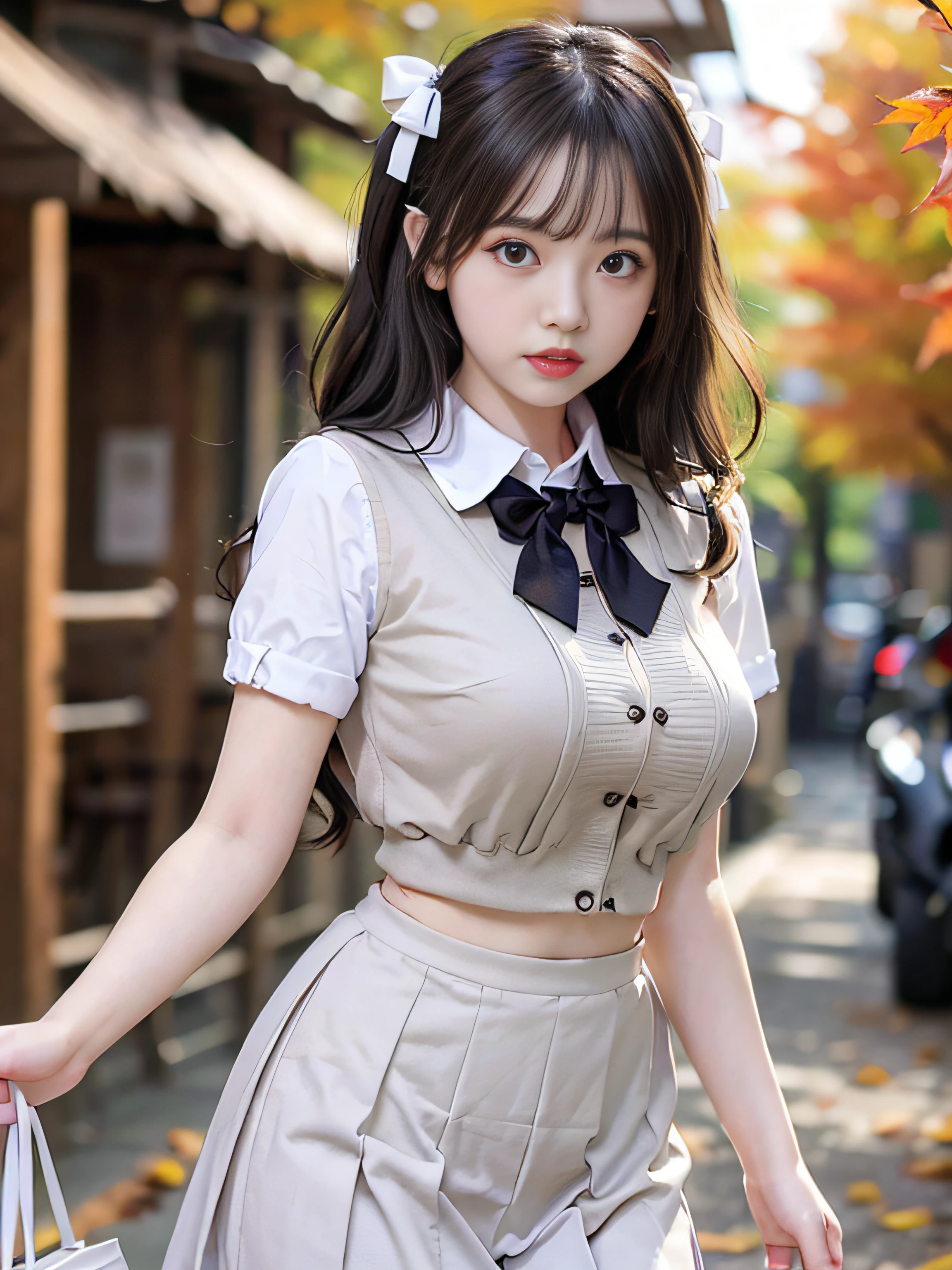 RAW image quality、8K分辨率、Ultra-high-definition CG images、Autumn leaves at night🍁、Moonlight、-yeld beiful girl、Detailed beautiful eyes。(Twin-tailed black hair:1.4), (White ribbon to stop hair:1.4), (Platinum Silver Accessories:1.4)、(White School Uniform:1.4)、(big breasts thin waist)、(Purple eyes:1.3), (radiant eyes)、Colossal tits、Susukihata、depth of fields、masutepiece、absurderes、24K Graphic Arts、Carefully drawn background、Composition with depth、