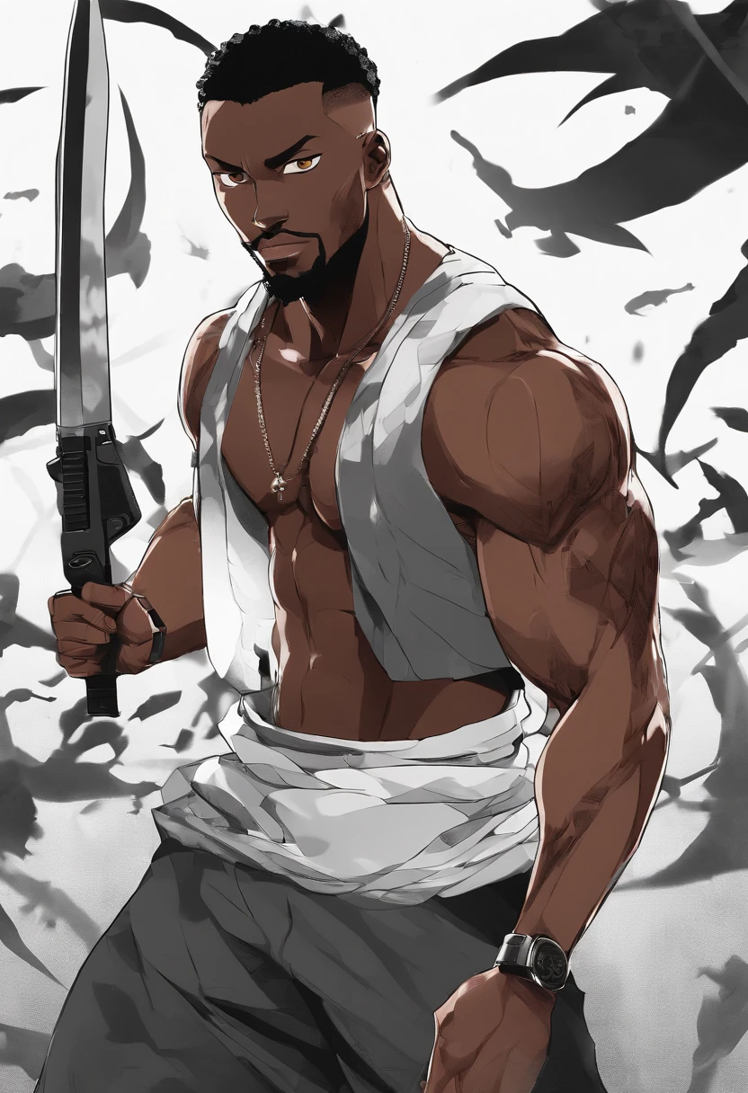 (african man),guns,[black and white:0.9] render,[evil:1.1],angry,[casual outfit],intense expression,shadowy background,contrasting lighting,low-key atmosphere,high contrast,menacing presence,gritty texture,vivid details,sharp focus,emotion-filled eyes,realistic skin texture,sinister grin,detailed clothing,facial hair,sculpted muscles,intimidating stance,menacing aura