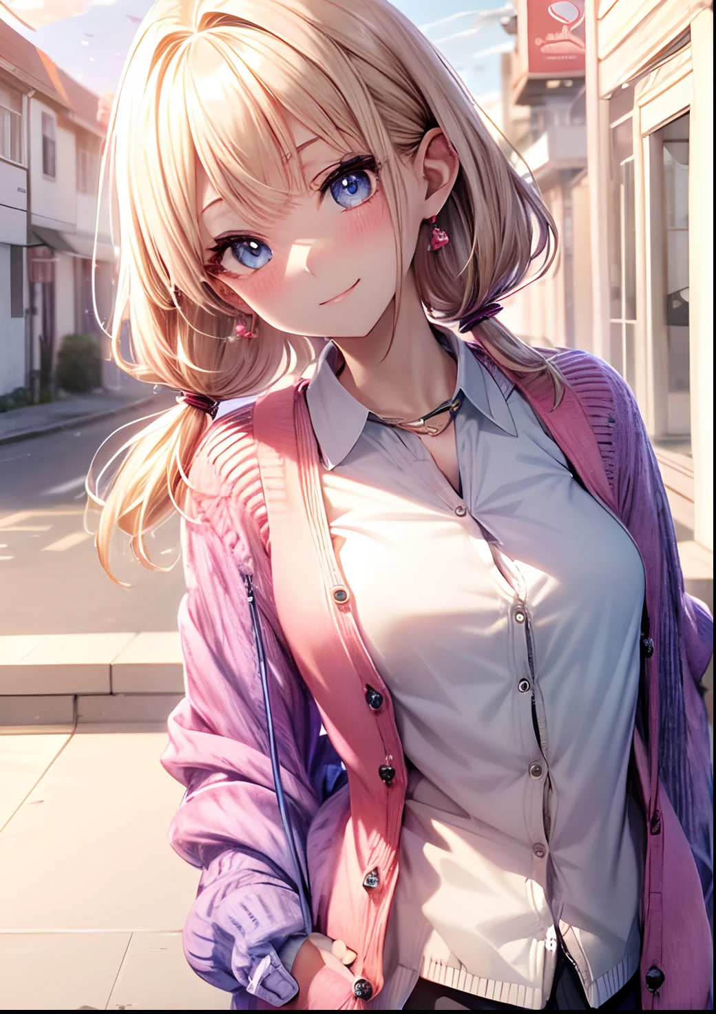 absurderes, ultra-detailliert,bright colour, extremely beautiful detailed anime face and eyes, view straight on, ;D, shiny_skin,25 years old, (Thin Cardigan Lift:1.8),(Holding a cardigan in your mouth) (Fashionable bras:1.1) ,Short hair, , asymmetrical bangs, Blonde hair with short twin tails, Shiny hair, Delicate beautiful face, red blush、Blue eyes, White skin, hair clips, earrings, a necklace, Cardigan, Clothes, Brown clothes, Beautiful cloud, Dusk sky,