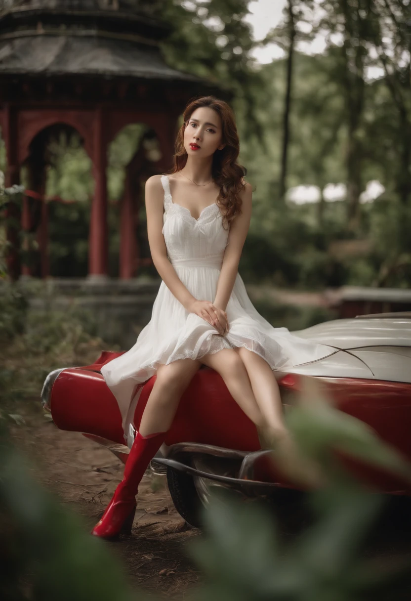 ((top-quality、8K、masterpiece:1.3))、An amusement park、Abandoned amusement park,abandoned amusement park、Broken、dilapidated building、Buildings overgrown with plants、creepy atmosphera,jpn、puddles、Sexy Standing Pose,portrait of a full body(1:1),a 18 year old girl,Slender and slender figure,skinny,As thin as a whip post,Smaller bust,Red shoes,White dress,Long simple dress、Helped body lines、exhibitionists,face to the viewer、Left and right even face
