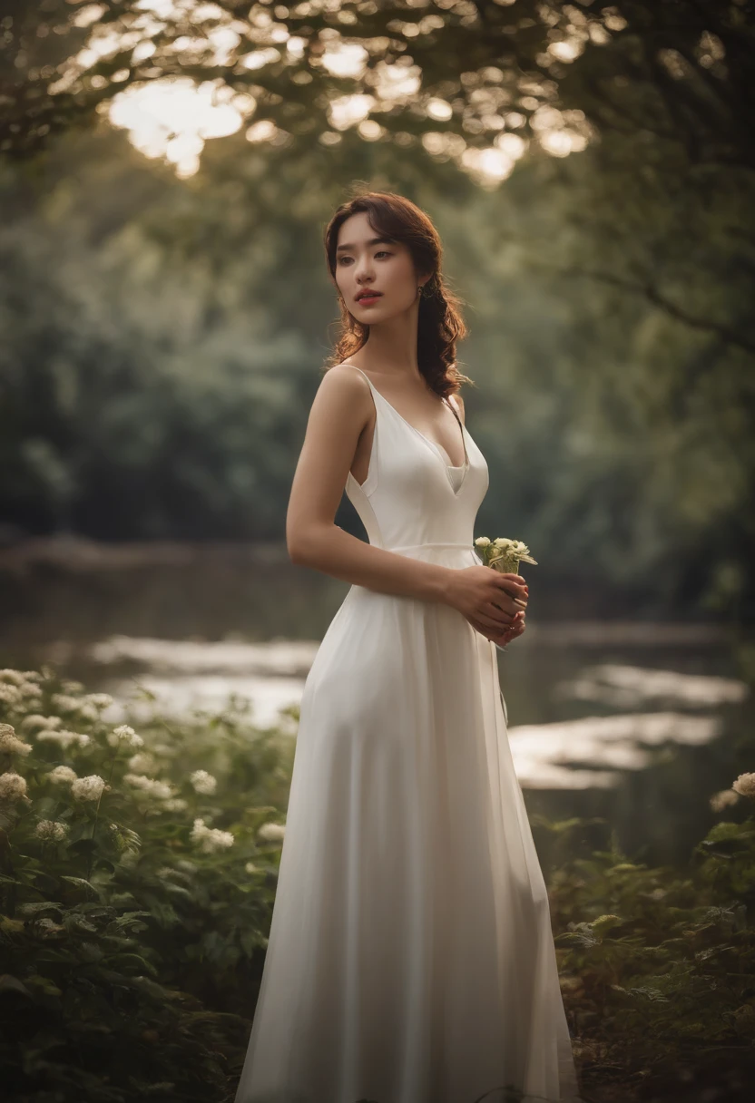 ((top-quality、8K、masterpiece:1.3))、An amusement park、Abandoned amusement park,abandoned amusement park、Broken、dilapidated building、Buildings overgrown with plants、creepy atmosphera,jpn、puddles、Sexy Standing Pose,portrait of a full body(1:1),a 18 year old girl,Slender and slender figure,skinny,As thin as a whip post,Smaller bust,Red shoes,White dress,Long simple dress、Helped body lines、exhibitionists,face to the viewer、Left and right even face