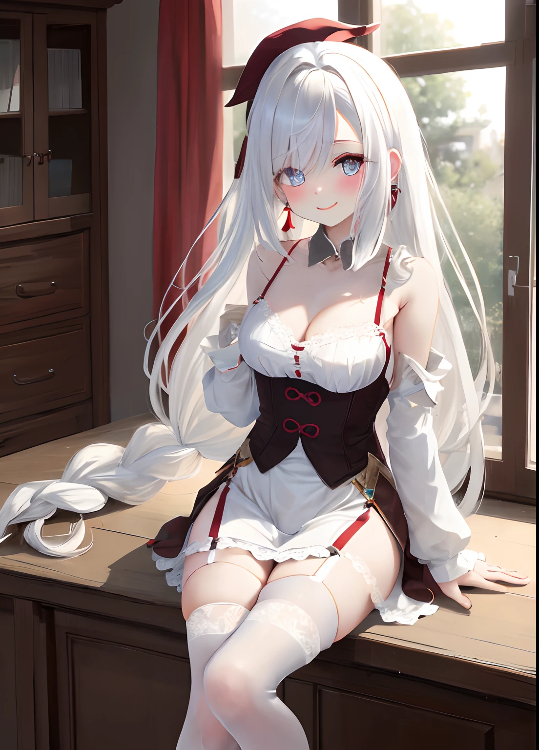 white lingerie, white hair, long hair, stocking, blush, happy, sitting, masterpiece, high quality, looking at viewer, bedroom, night,