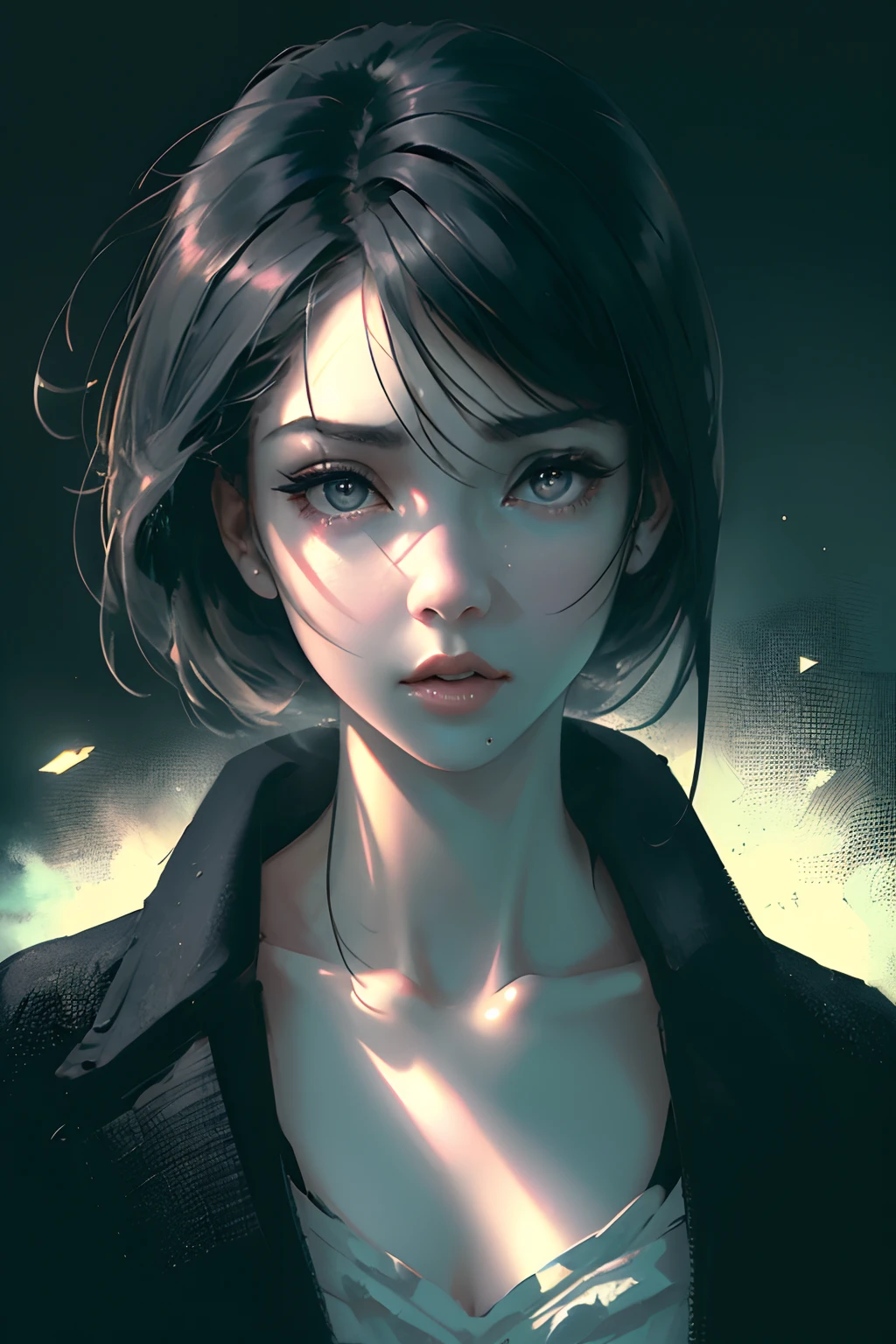 (hight resolution:1.2),(Realistic:1.37),Portrait,cyberpunk of the USSR,handsome girl,short hairstyle,Slender,smoking,cigarette in your mouth,smoking,Futuristic,Ambiance Lighting,technological background,multi-colored neon lights,glowing eyes,Modern cityscape,urban environment,Street, filled with hovercraft,Retro-futuristic fashion sense,high-tech gadgets,Advanced Cybernetic Implants,expressive facial features,A Deep Look,Details in her eyes,Metal fittings,Sharp contrasts between light and shadow,Dynamic composition,Dramatic and gloomy atmosphere