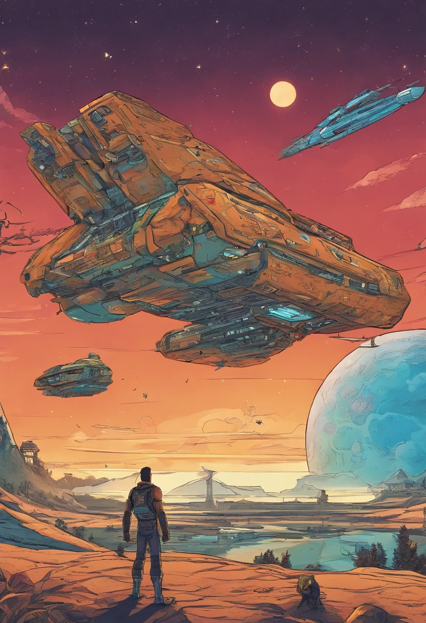 A shot of Zorax standing in front of a spaceship, with his mentor, the Galactic Guardian, standing next to him.