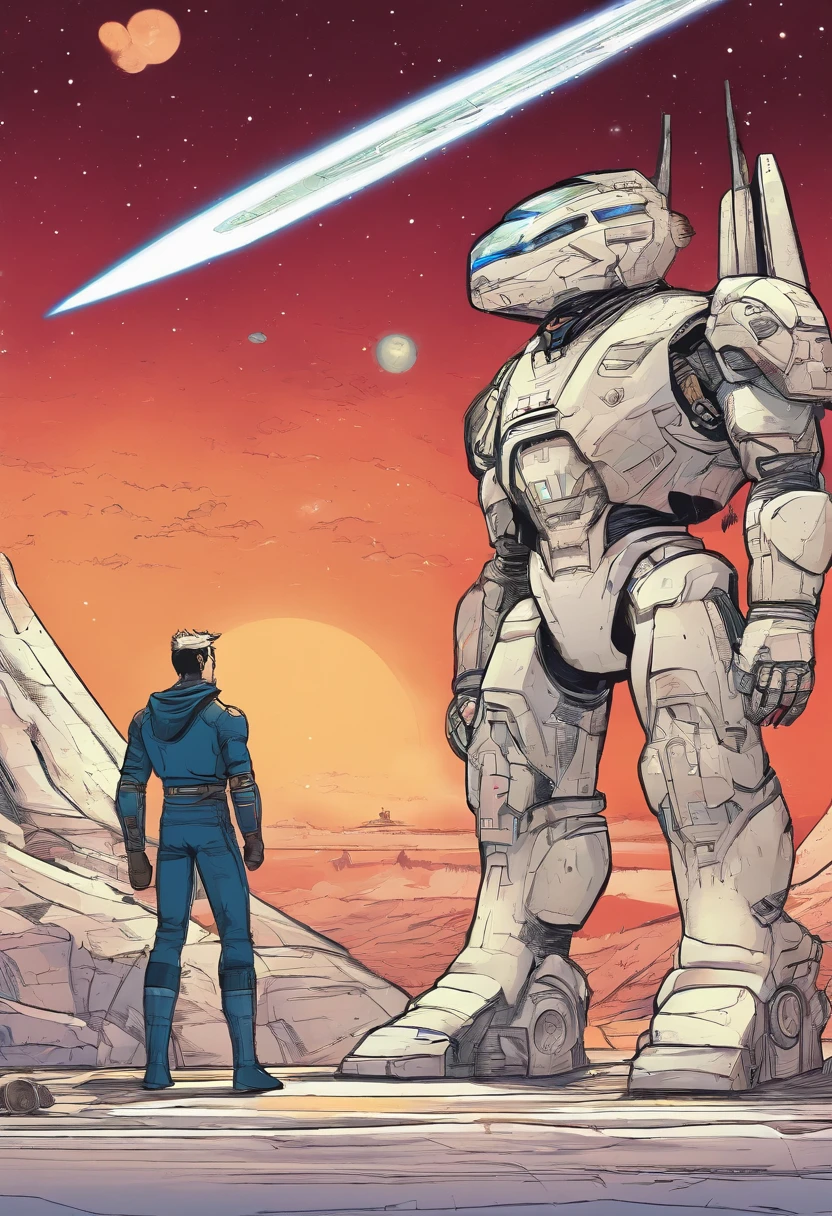 A shot of Zorax standing in front of a spaceship, with his mentor, the Galactic Guardian, standing next to him.