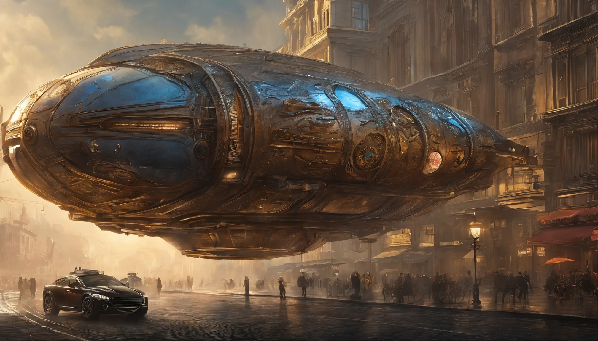 (​masterpiece、4K、ultra-realistic:1.2)、illustration、(realistic:1)、(Photorealistic:1)、（(Magnificent UFO in the sky：1.5)), ((futuristic bronze colored steampunk hypercar in street)), panorama、a、((fish-eye lens:1.2))、 (Steampunk Cyberpunk Cityscape)、(midnight、cyberpunk, asphalt、graffiti art、Reflectors、Shops、kiosk、Walkway、a street、police officers、taxis)、(Skyscraper、Foggy:1.4)、 ((pedestrians、Large crowds on street))、 (neon signs、Blue Neon、Pink neon、Yellow neon:1.4), rain puddles on street reflecting lights, John William Waterhouse style.