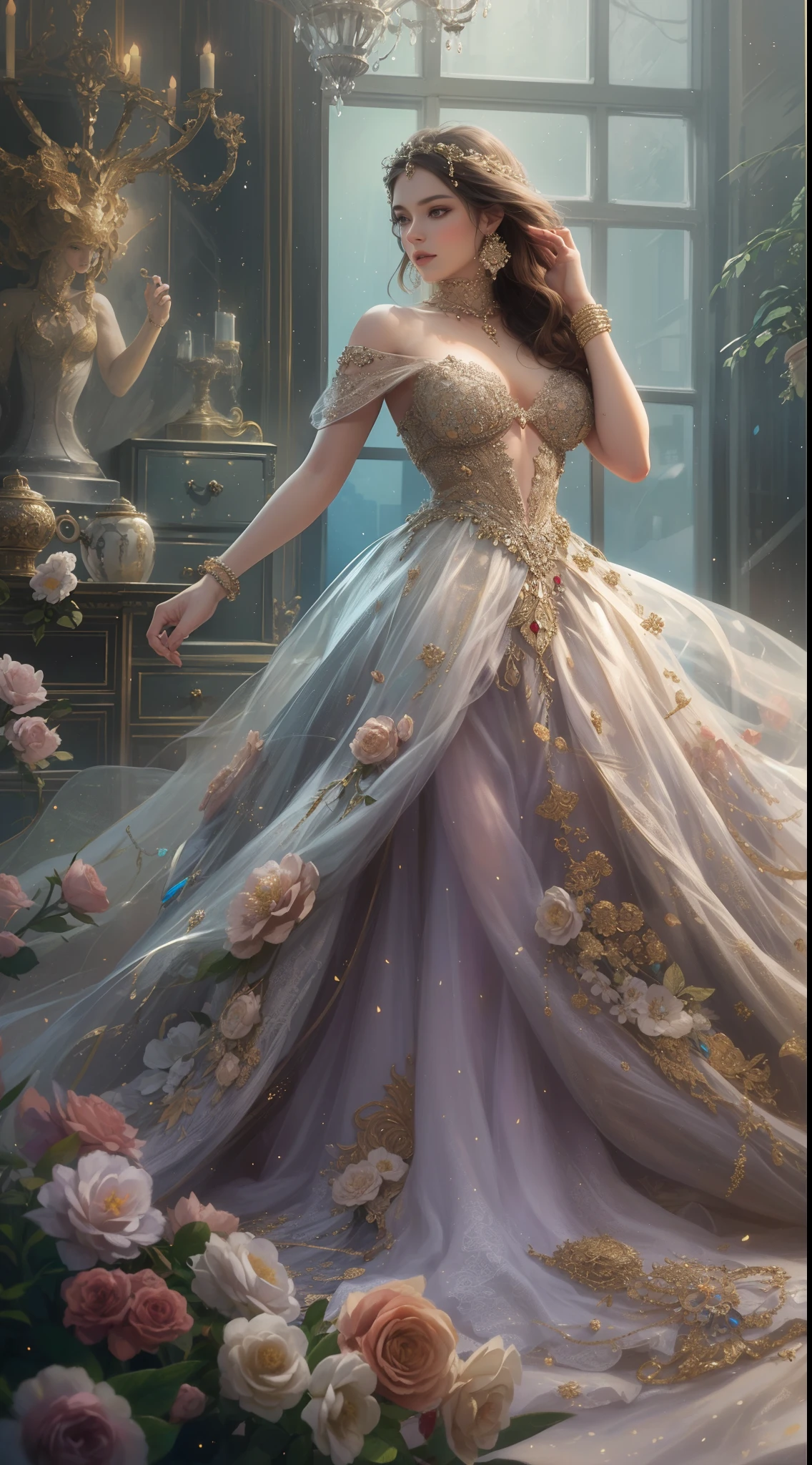 (Best quality,8K,A high resolution,Masterpiece:1.2),Ultra-detailed,(Realistic,Photorealistic,photo-realistic:1.37),Portrait,Creative style artwork,Historical,classical,Sophisticated,plethora of colors,Highly detailed,Soft lighting,luxurious environment,detailed gown,Vibrant flowers,detailed jewellery,Ethereal atmosphere,Elegant Pose,Graceful curves,Gold body proportions,Flowing hair,Breathtaking textile patterns,Harsh purple eyes,Delicate floral decoration,A dazzling array of crystal accessories,Mysterious and dreamy atmosphere,Impeccable attention to detail.