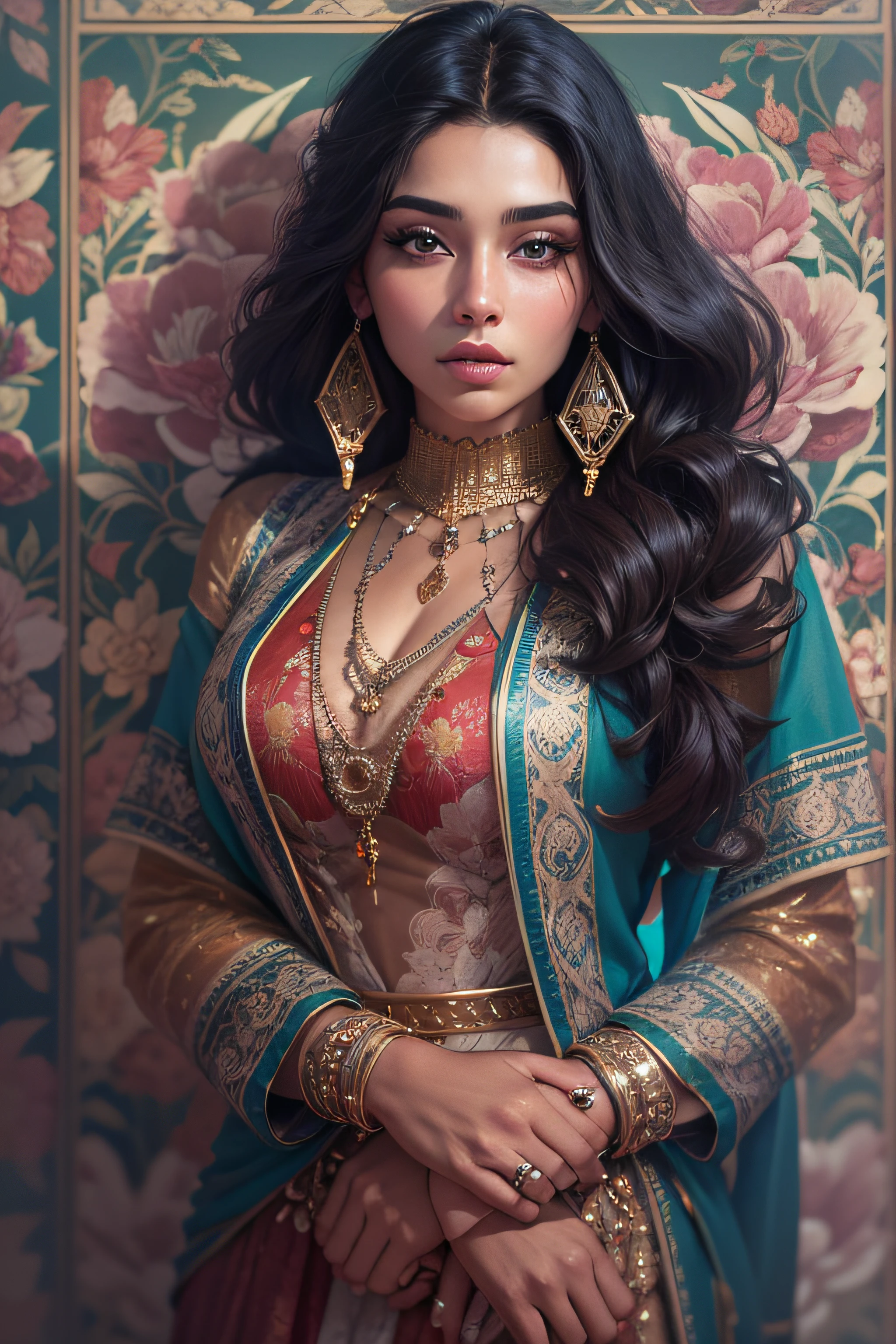 Imagine an incredibly stunning Arab woman confidently posing for a half-body selfie in front of a camera. She exudes confidence and beauty, wearing modern Western attire that showcases her unique sense of style. Her captivating blue eyes shine with a mesmerizing intensity, drawing you into the image.
She stands tall with an air of elegance, her flawless olive-toned skin illuminated by realistic lighting. Her long, dark hair cascades down her shoulders, framing her face in an enchanting manner. Not wearing any religious signs, she instead adorns herself with fashionable accessories that complement her outfit.
For her attire, she wears a chic and fashionable outfit that perfectly fits her body. The details of her clothing are meticulously captured, with intricate patterns and textures visible in high detail. The camera angle, captured with a 50mm lens and an aperture of f2.8, beautifully captures her half body, placing emphasis on her captivating features and her stylish ensemble.
The volumetric lighting adds depth and dimension to the image, while the film grain effect adds a touch of realism, giving the artwork an authentic and nostalgic feel. The overall result is an insanely detailed, hyper-realistic art piece that showcases the beauty and confidence of this Arab woman in a modern, Western context.