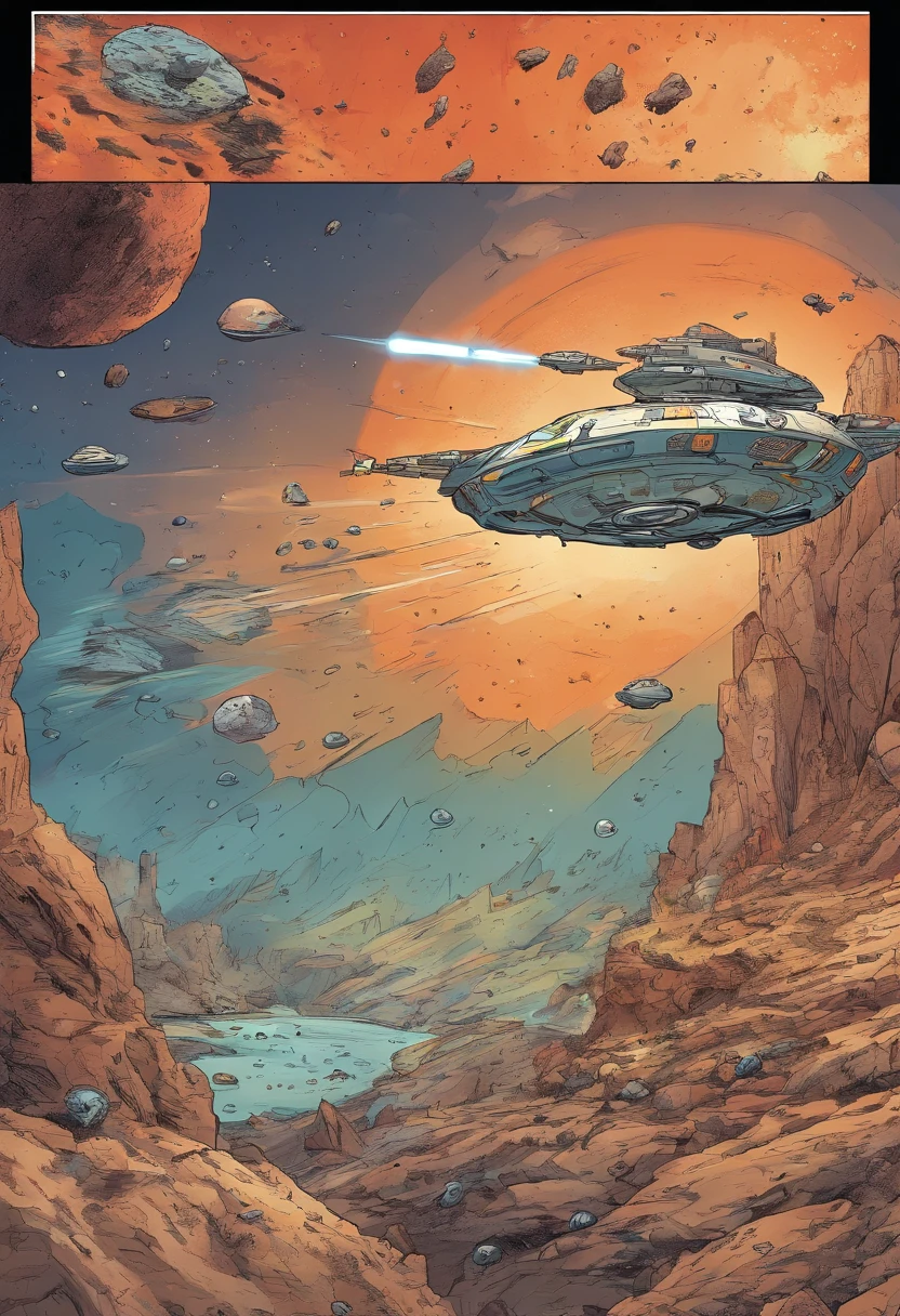 A shot of Zorax piloting his spaceship through an asteroid field, dodging rocks and debris.