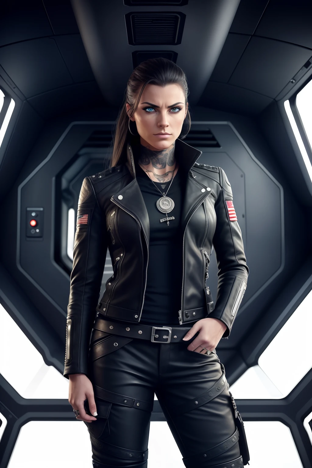 Space pirate leader, female, 30 years old, character, standing in the black cabin of a spaceship, sci-fi, cinematic, cannon 6d, octane render, medium shot, black leather jackets, cargo pants, boots, tough, resilient, determined, strong-willed, fierce, loyal, skilled, belter, resourceful, dark-haired, intense, piercing eyes, muscular, no-nonsense, pragmatic, tattooed, weathered, commanding, authoritative, intimidating, unyielding, confident, striking, intense, angular, expressive look, fierce look, alluring look, determined look, strong eyeliner, mesmerizing eyes, defined cheekbones, sculpted jawline, elegant, graceful, natural beauty, magnetic, charismatic, versatile, photogenic