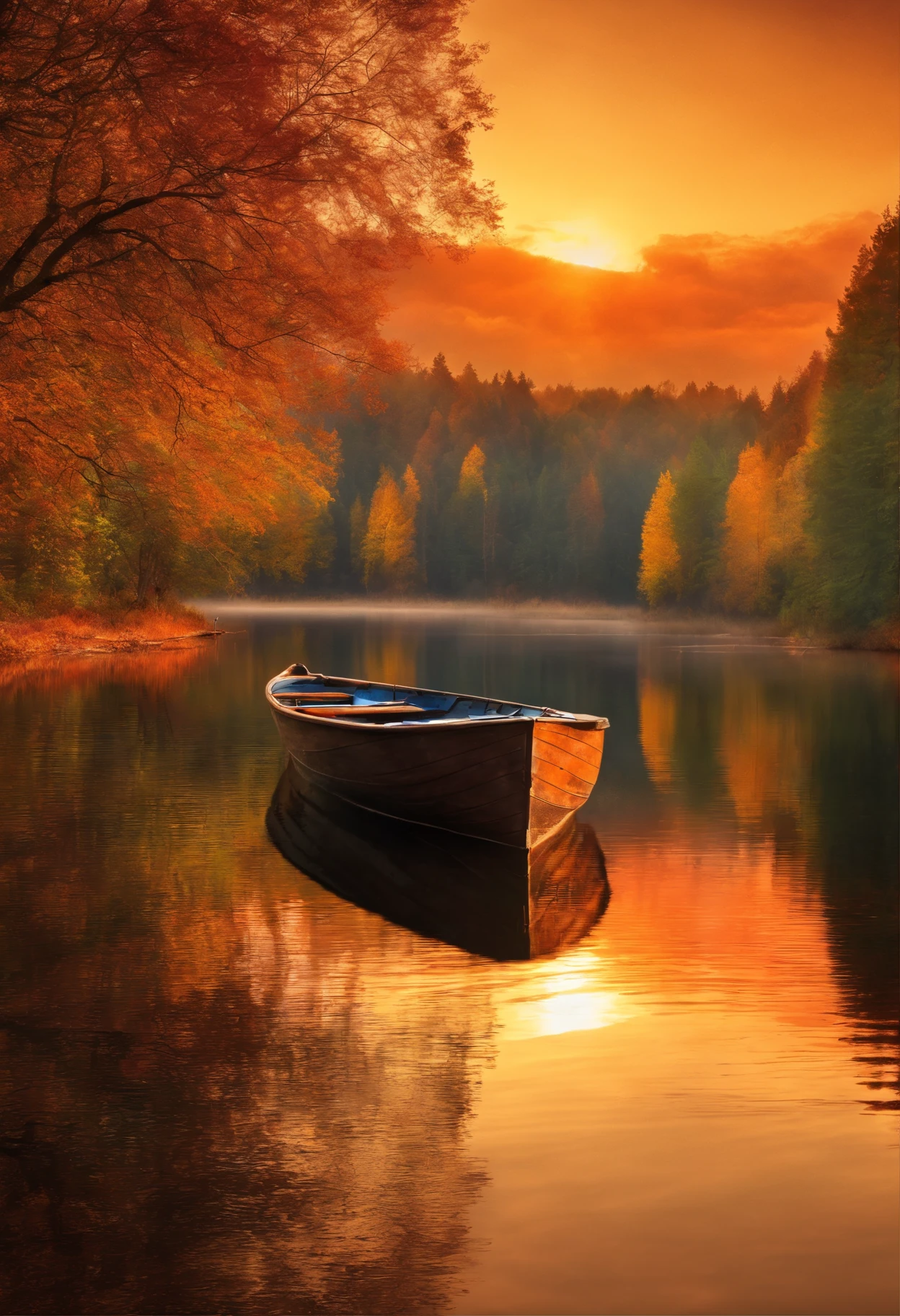Artistic picture of the autumn forest, lake and beautiful sunset. On the lake there is a boat and the reflection of the forest in the water
