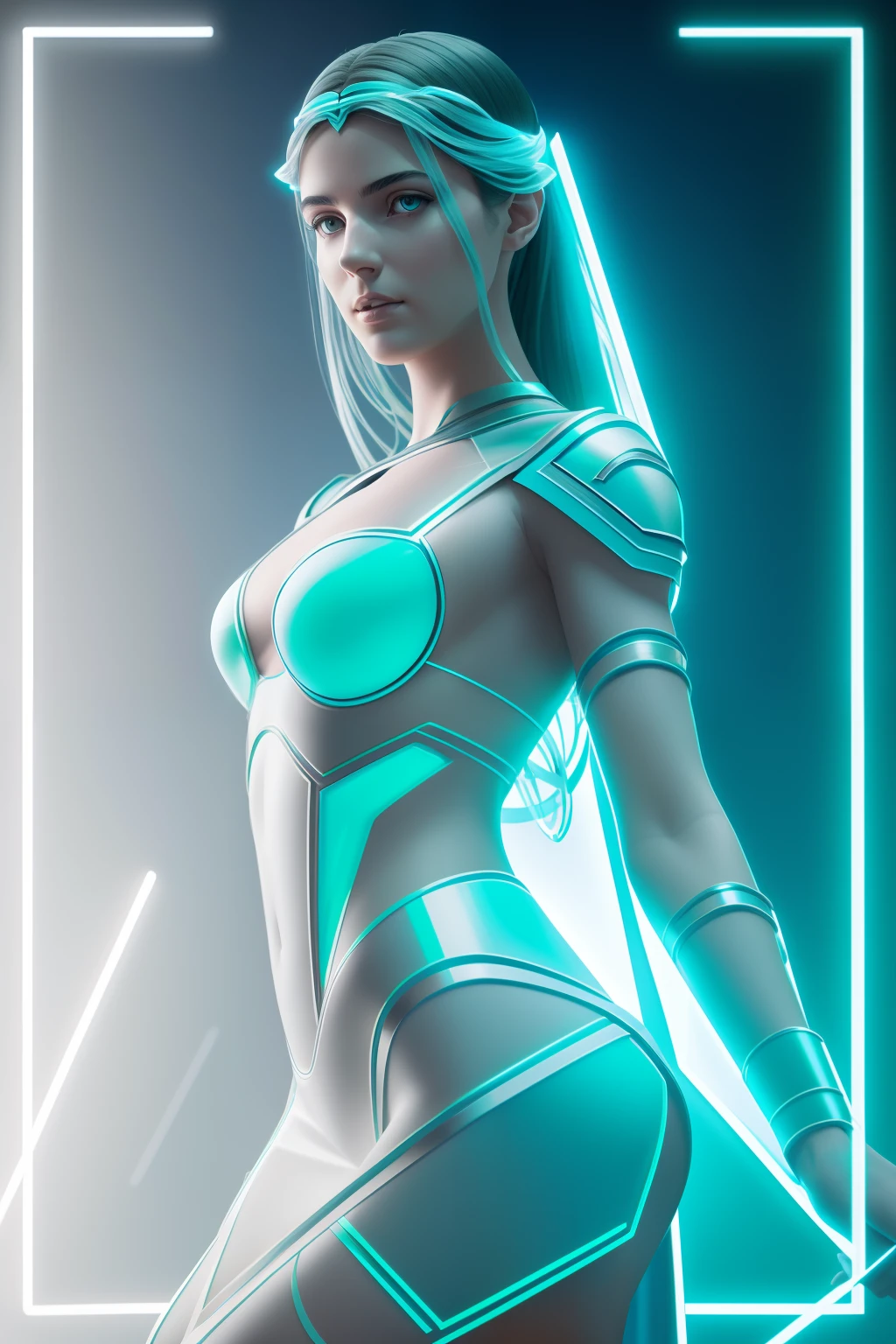 Realistic Photograph of a greek goddess girl, sci-fi, shot, centered, blue green color gel lighting, geometric shadows, glowing lights, symmetry, depth of field, intricate, elegant, highly detailed, digital painting, artstation, concept art, silver and white futuristic costume, smooth, sharp focus, illustration, as imagined by greg rutkowski and borris vallejo