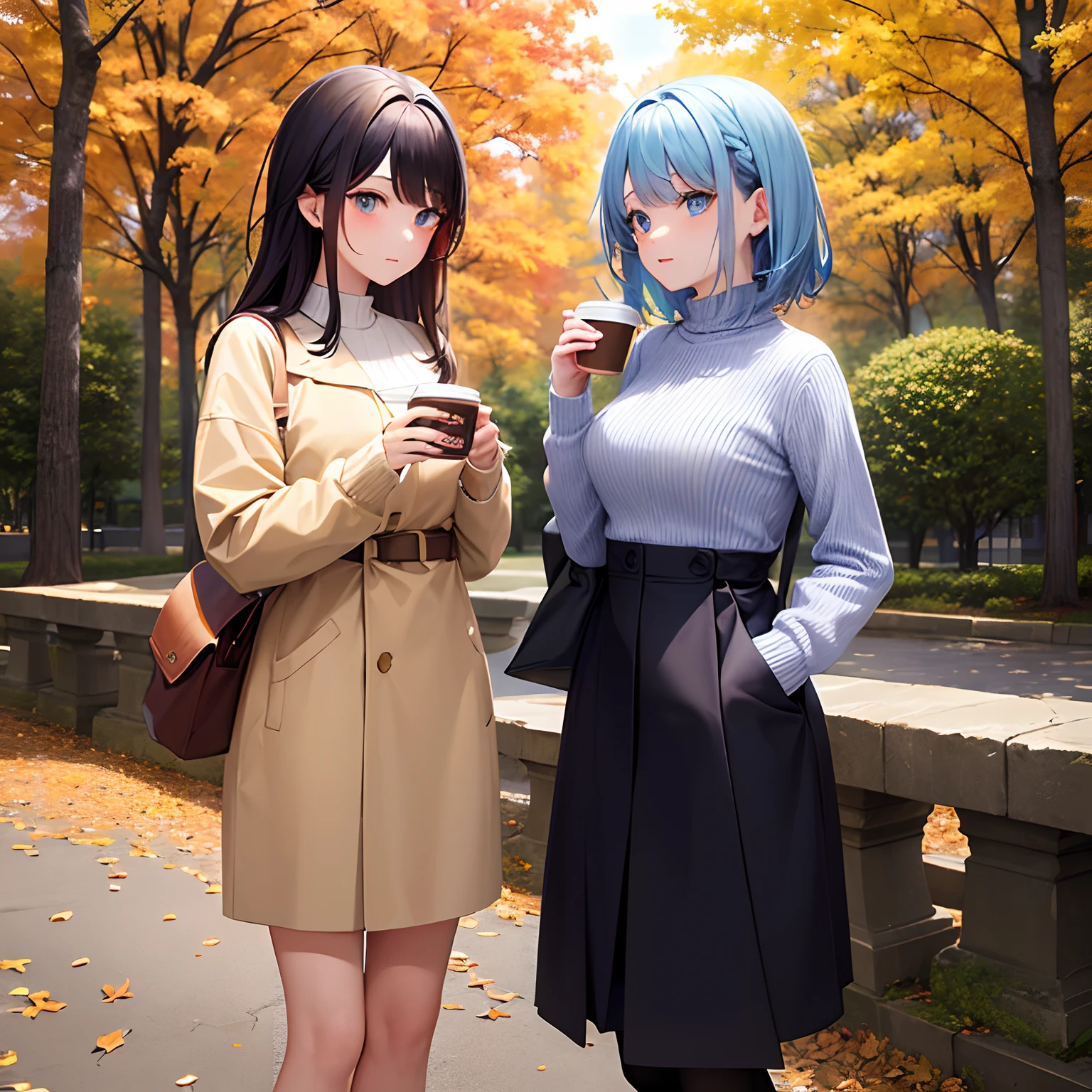 (Masterpiece masterpiece) Colored leaves autumnal Forest of autumn leaves ren a beauty Autumn-like 1人の女性 The woman was about 16 years old. lightblue hair Wolfhair The girl is looking at me coldly. I'm wearing a muffler. Holding a warm cup of coffee in your hand