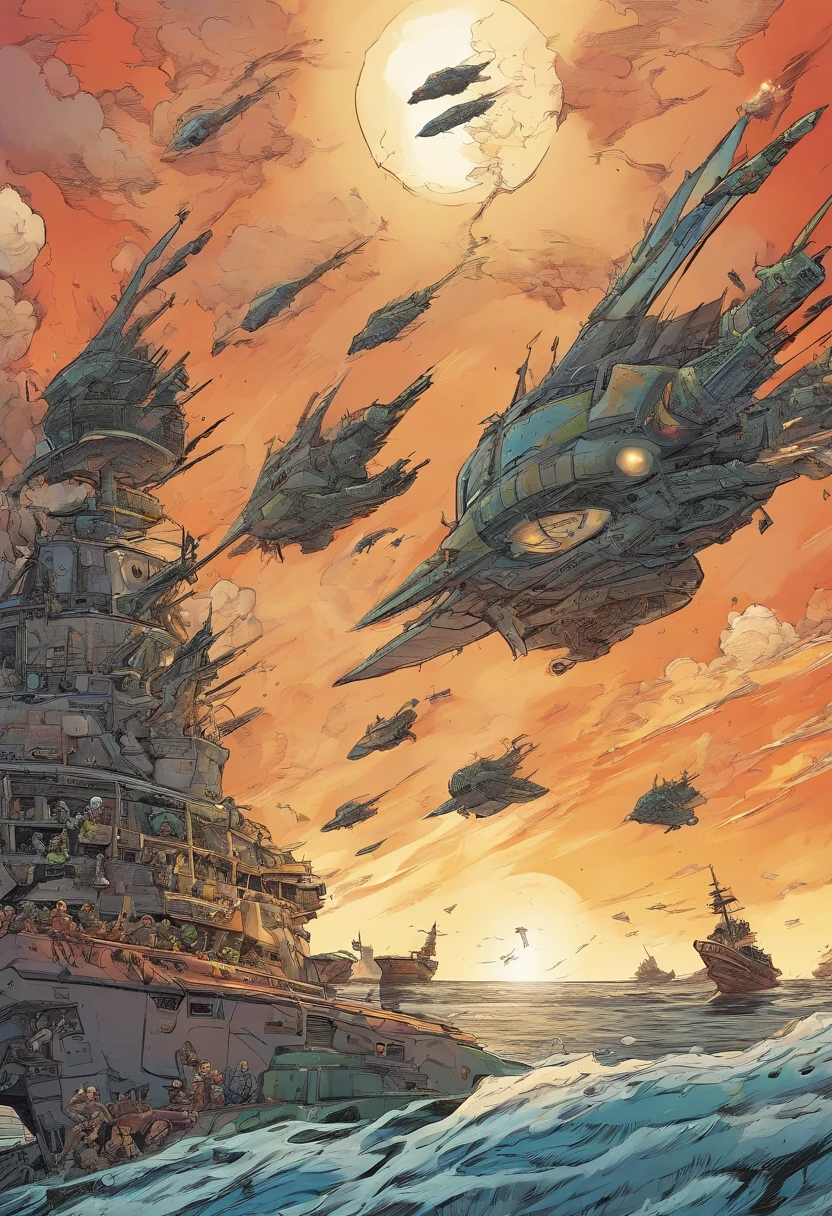 A shot of Zorgon warships attacking a peaceful planet.
