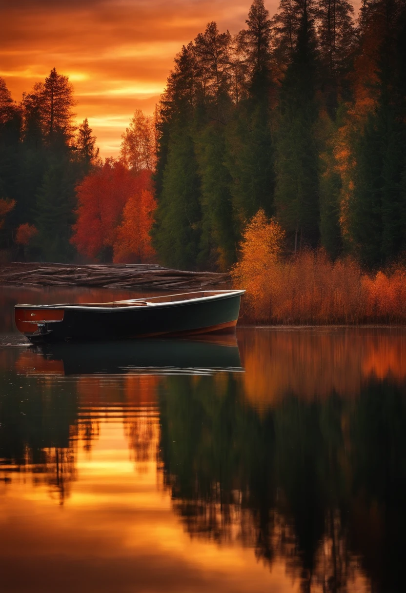 Artistic picture of the autumn forest, The lake and the beautiful sunset. There is a boat on the lake and a reflection of the forest in the water