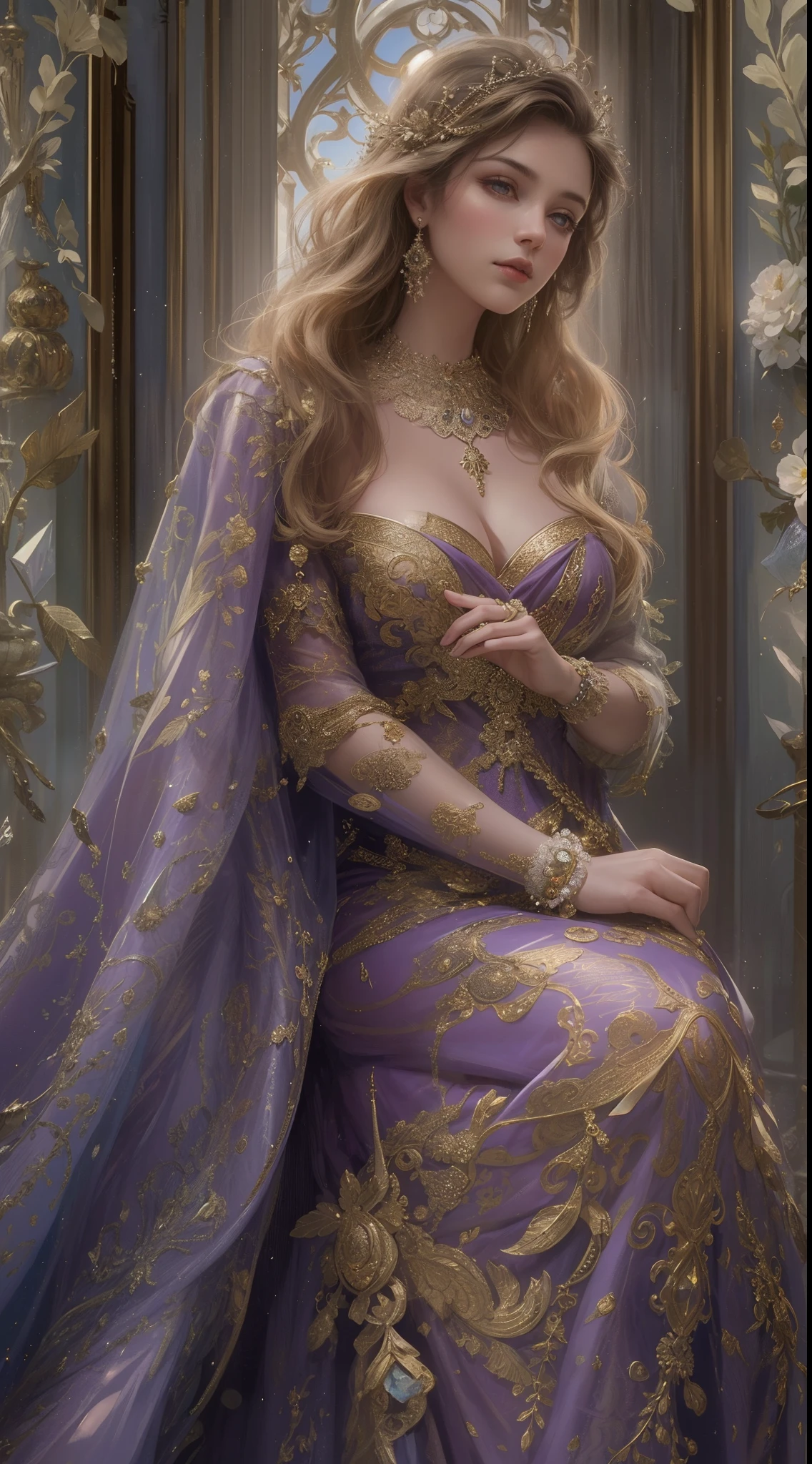 (Best quality,8K,A high resolution,Masterpiece:1.2),Ultra-detailed,(Realistic,Photorealistic,photo-realistic:1.37),Portrait,Creative style artwork,Historical,classical,Sophisticated,plethora of colors,Highly detailed,Soft lighting,luxurious environment,detailed gown,Vibrant flowers,detailed jewellery,Ethereal atmosphere,Elegant Pose,Graceful curves,Gold body proportions,Flowing hair,Breathtaking textile patterns,Harsh purple eyes,Delicate floral decoration,A dazzling array of crystal accessories,Mysterious and dreamy atmosphere,Impeccable attention to detail.