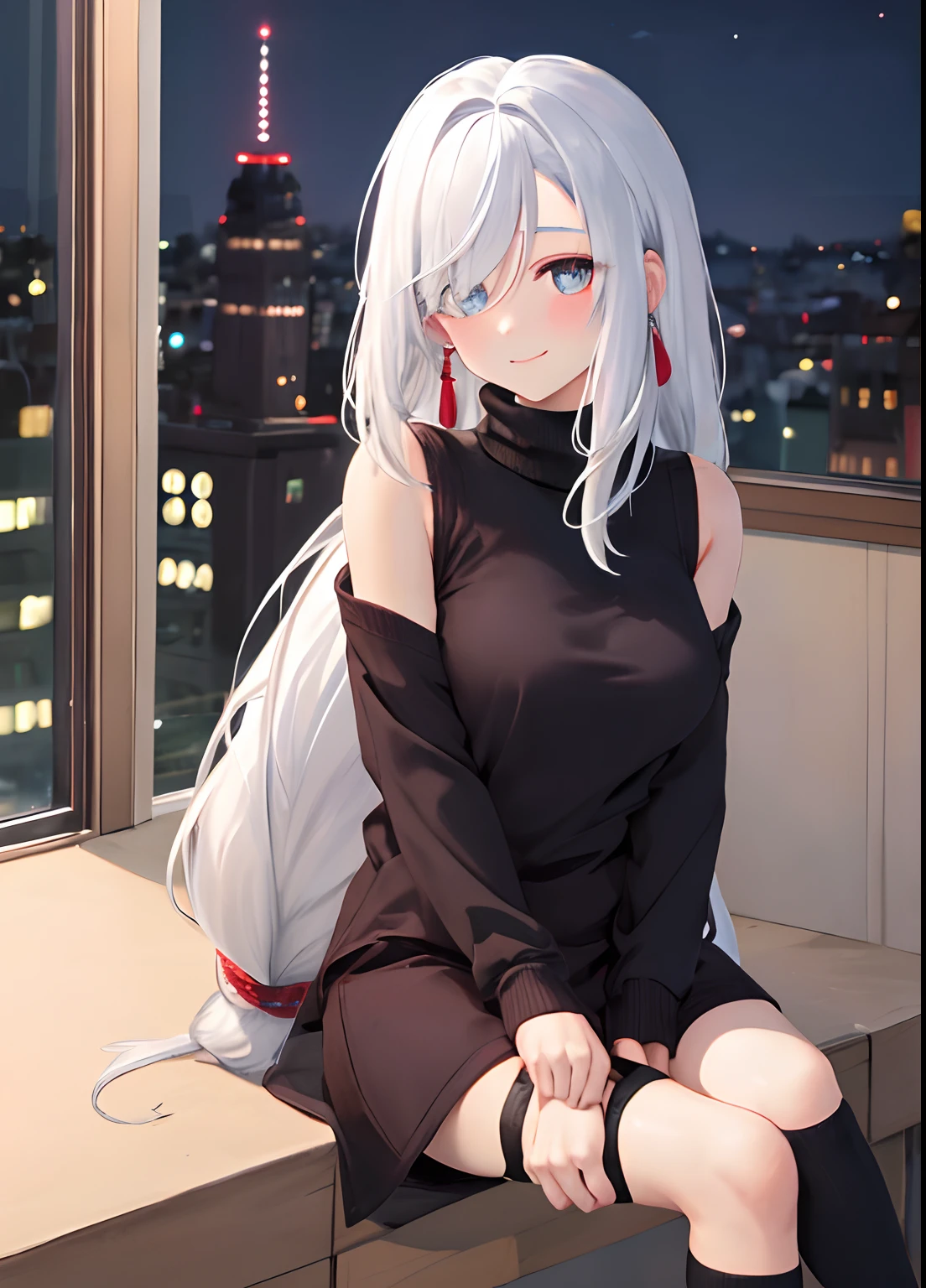 turtleneck sweater, white hair, long hair, stocking, blush, happy, sitting, masterpiece, high quality, looking at viewer, bedroom, night,