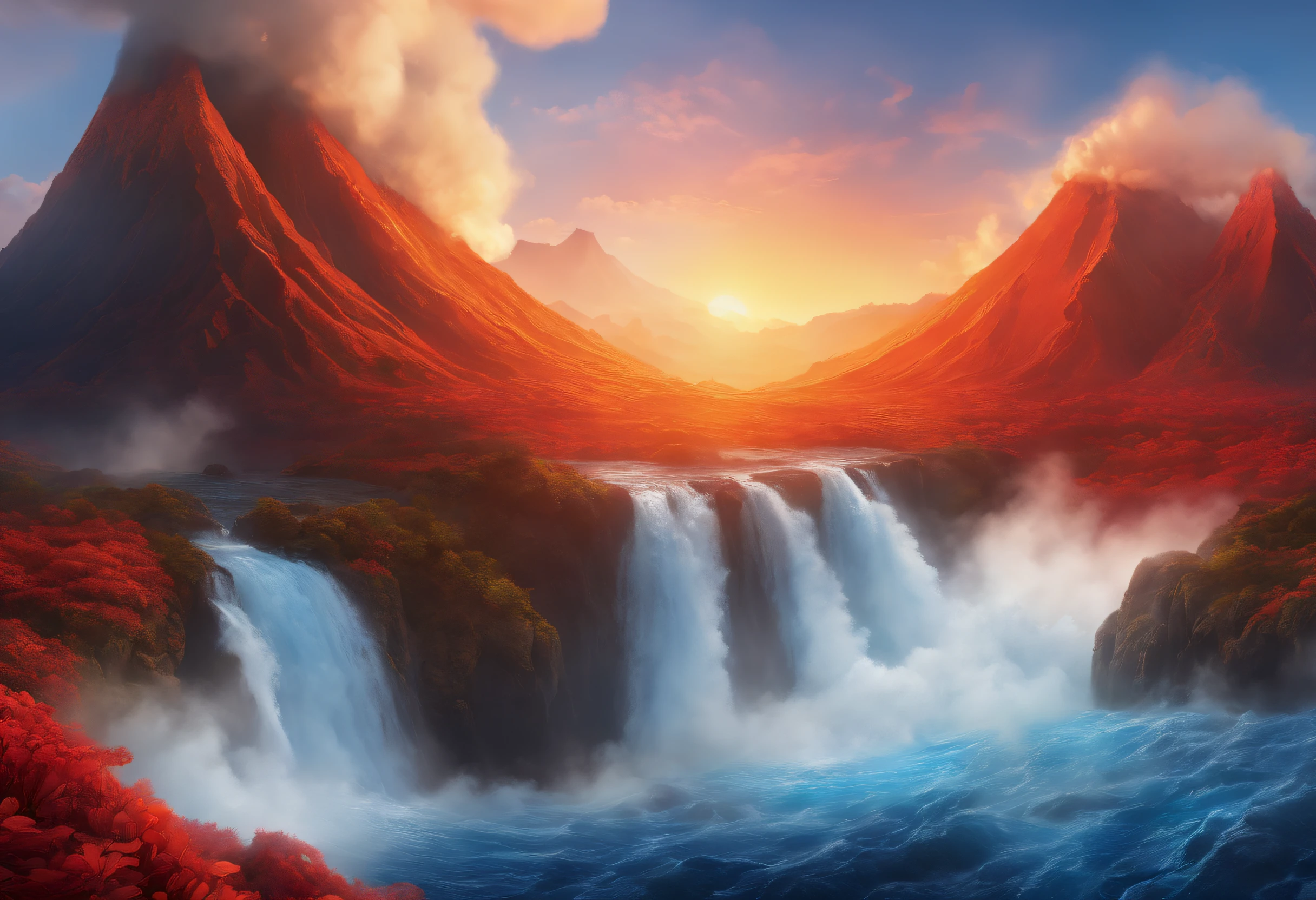 National Geographic style picture, Award winning,(best detailed: 1.5), an picture of an epic sized waterfall in the volcano at midday , an (epic sized waterfall: 1.3), water coming down from a volcanic cliff, multi level water falls, several pools created in different levels, forming new waterfalls, water cascading into a (large lava pool: 1.3) steam rising, clear water in many hues of blue and azure falling, hitting a pool of lava in colors of orange and red, boiling lava, you can see the water hitting the pool and (steam of fog rising from the pool: 1.2) , drops of water splashing around, volcanic tropical island with a volcano background, a long shot, photorealistic, 16k, RAW, award winning, (best detailed: 1.5), masterpiece, best quality, (best detailed: 1.3), full body, ultra wide shot