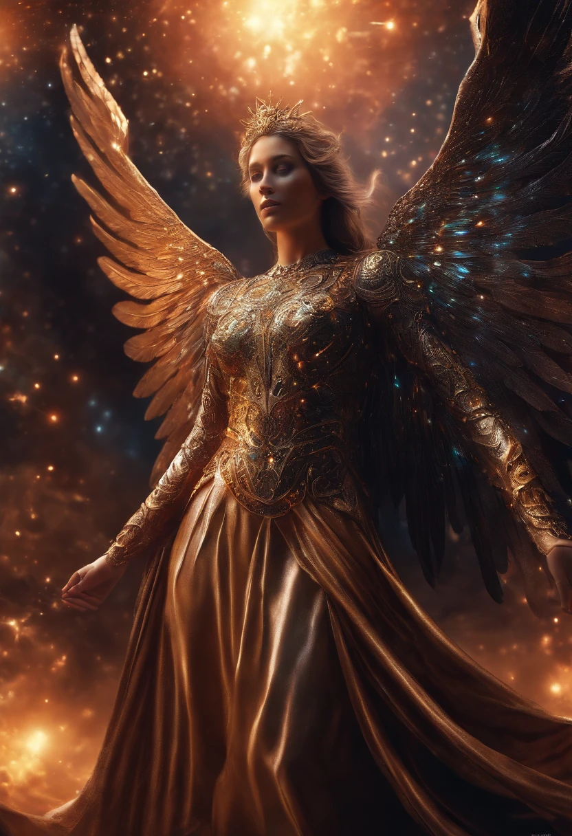 Cosmic fallen angel, Des yeux clairs brillants, Biomechanical, odd, flippant, cauchemardesque, Very bright colors, Light particles, with bright light, Mshiff, Art du papier peint, UHD wallpaper