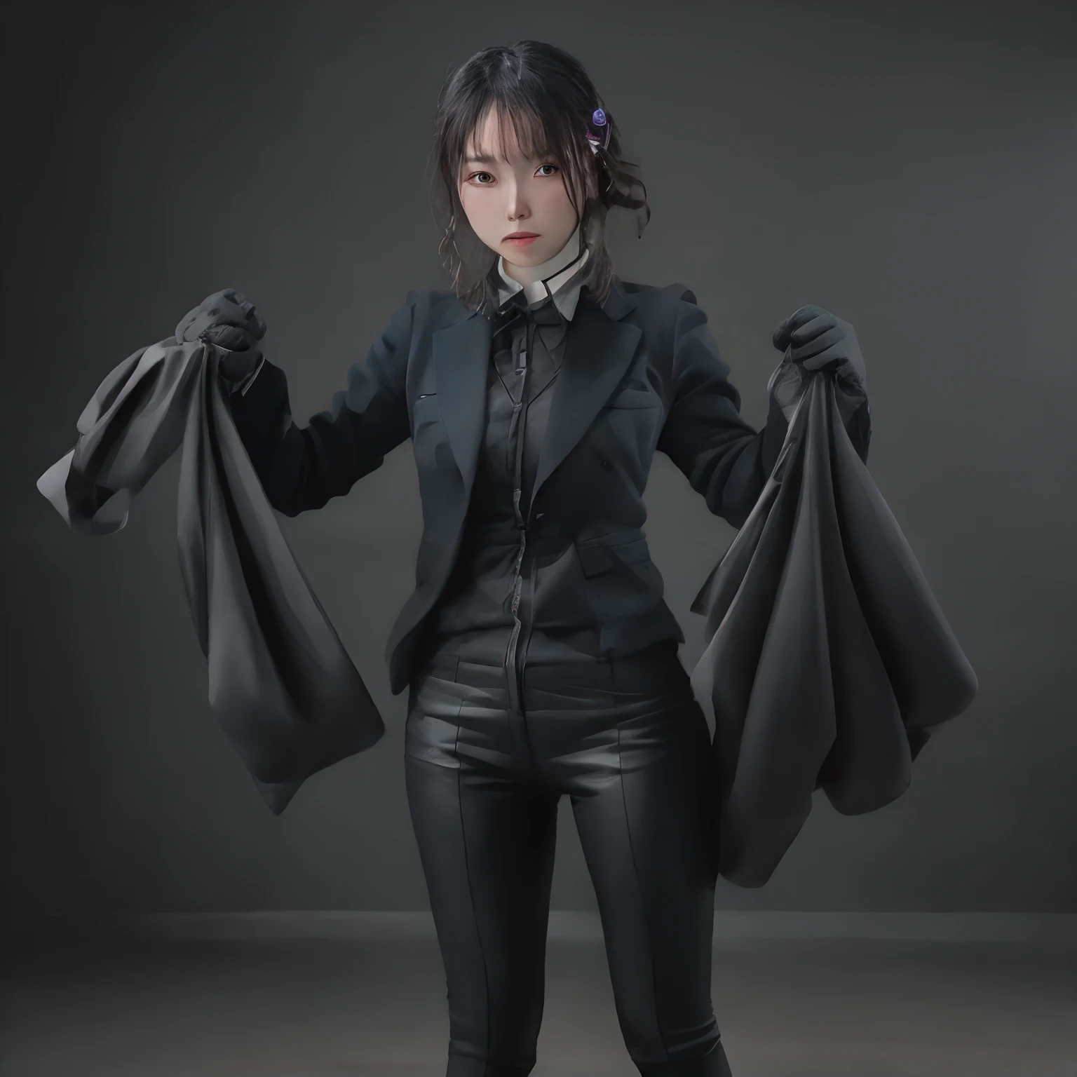 Young Japan woman lifting black suit onto shirt, Black leather gloves worn on both hands, Hands of woman in black suit and black leather gloves in front of you