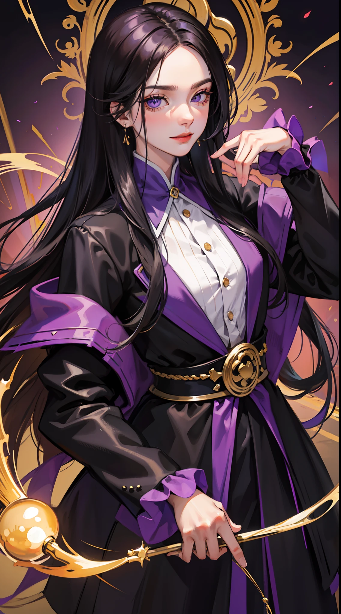 Grown-up guy, Long black hair, violet eyes, smirk, Fiadem, Purple Royal Ninja, Gold Elements, Masterpiece, hiquality, 4k, HD, Good detail