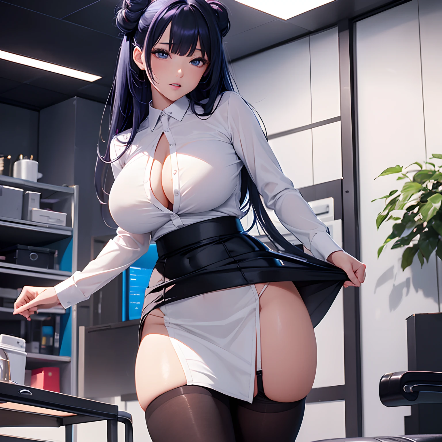 finest image, female, sexy, beautiful, cute, amorous expression, lewd expression, ecstasy, orgasm, glossy braided bangs iridescent single bun hair, blue sparkling big eyes, red alluring moist lips, huge breasts, abs, ass, perfect proportion, long thin legs, (unbuttoned white shirt, slit skirt, black pantyhose), background office room, professional lighting
