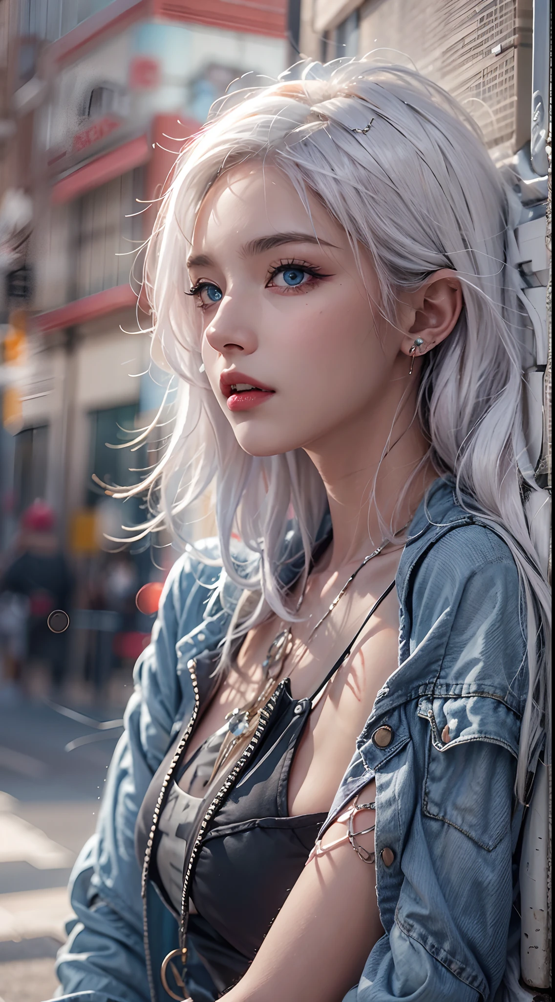 photorealistic, high resolution, soft lights, 1women, 25 years old, solo, hips up, blue eyes, white hair, long hair, jewelry, tattoo, street wear