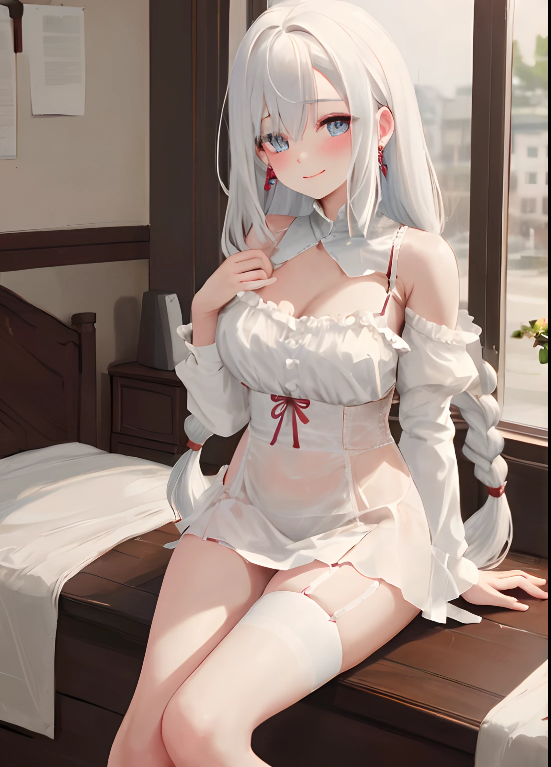white lingerie, white hair, long hair, stocking, blush, happy, sitting, masterpiece, high quality, looking at viewer, bedroom, night, squirt