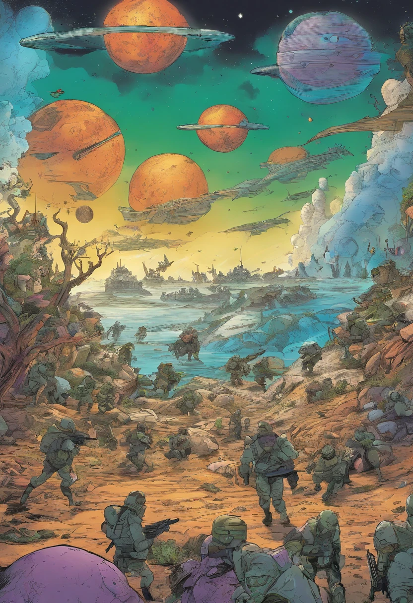 A shot of Zorax landing on a Zorgon planet, surrounded by enemy soldiers.