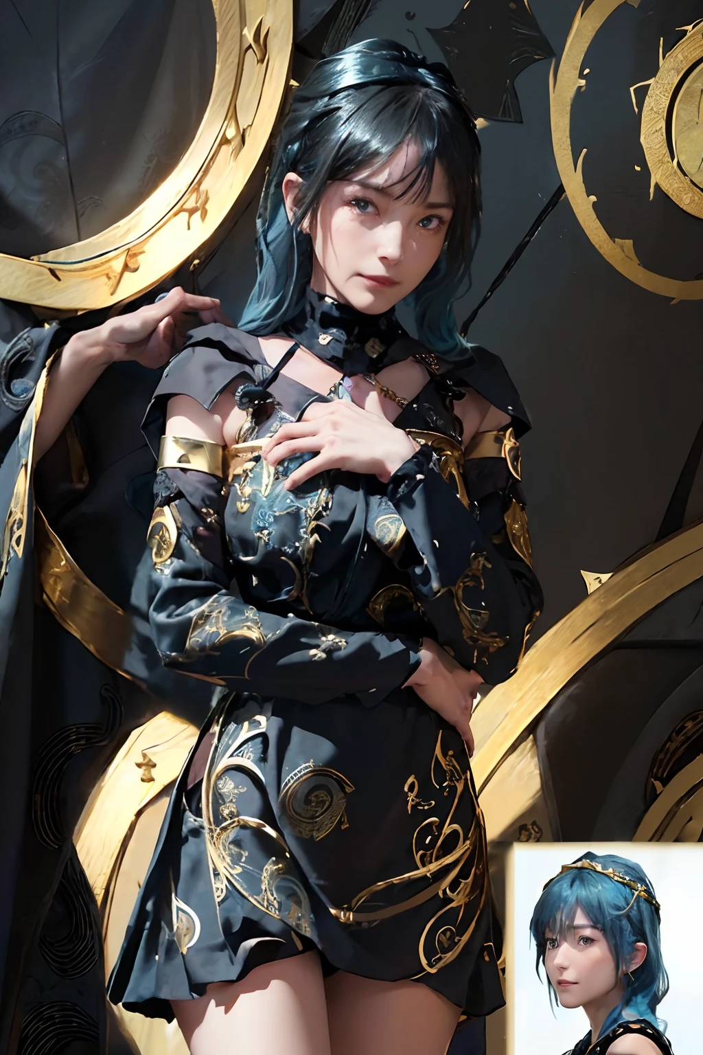 ((top-quality、8K、​masterpiece:1.3)), (Medium Hair, Beautiful hairstyle, lightbluehair:1.5)、(gold foil, Intricately drawn paisley pattern, Delicate workmanship, (Black Fabric:1.4), maid dress:1.5), Clear, Fine-grained skin、Beautiful clear eyes、cleavage of the breast、Carefree and natural smile、(Hair disheveled in the wind:1.3)、Beautiful girl with a smile、(thin-waist:1.3)、(Dynamic and provocative poses:1.2)、(Backshots)、(NSFW:1.4)