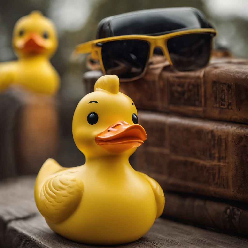Rubber duck,amarelo,Big yellow duck toy,With sunglasses,high high quality,8K,Many details,closeup cleavage,photography of