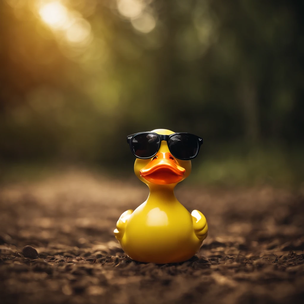 Rubber duck，amarelo，Big yellow duck toy，With sunglasses，high high quality,8K,Many details,closeup cleavage，photography of