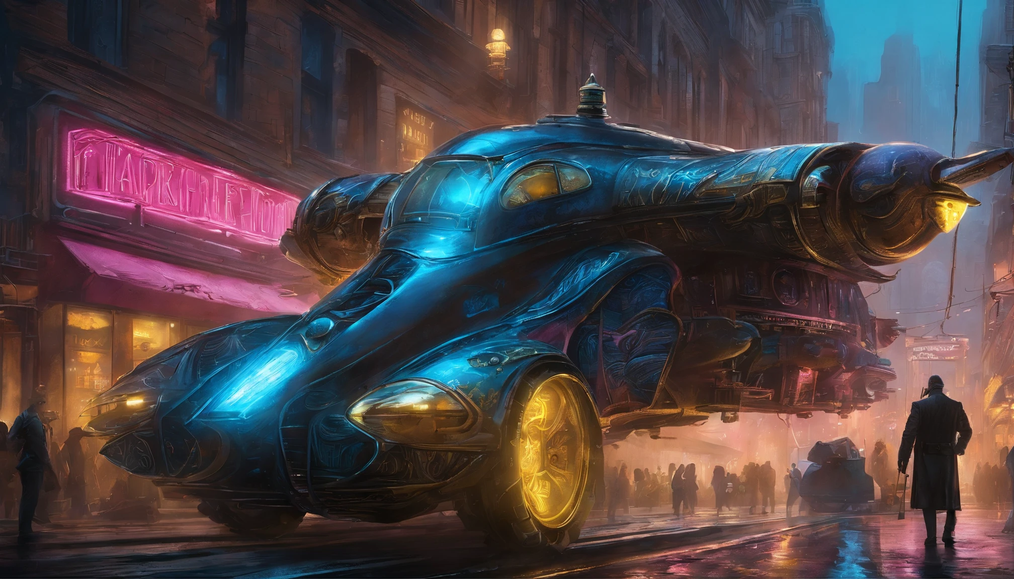 (masterpiece、4K、ultra-realistic:1.2)、illustration、(realistic:1)、(Photorealistic:1)、((Magnificent UFO in the sky:1.5)), ((futuristic (bronze colored) steampunk hypercar in street)), panorama, (Steampunk Cyberpunk Cityscape)、(midnight、cyberpunk, asphalt、graffiti art、Reflectors、Shops、kiosk、Walkway、a street、police officers、taxis)、(Skyscraper、Foggy:1.4)、 ((pedestrians、Large crowds on street))、 ((neon signs、Blue Neon、Pink neon、Yellow neon:1.4)), rain puddles on street reflecting lights, John William Waterhouse style.