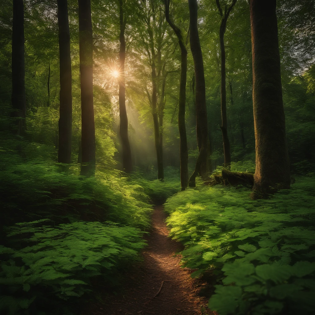 landscape photo, vignetting, masterpiece, super detail, high quality, award winning, 8k, peppermint, linden, Refreshing forest scent, deep sweetness, in Europe, pleasant breeze, theme color is dark green, natural light, in the evening