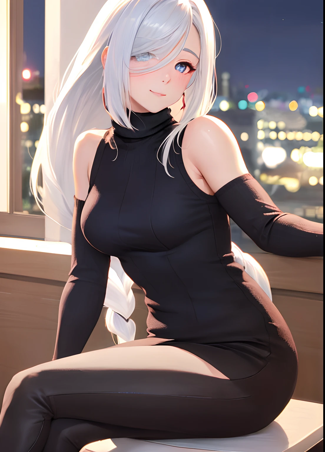 realistic, turtleneck sweater, white hair, long hair, stocking, blush, happy, sitting, masterpiece, high quality, looking at viewer, bedroom, night,
