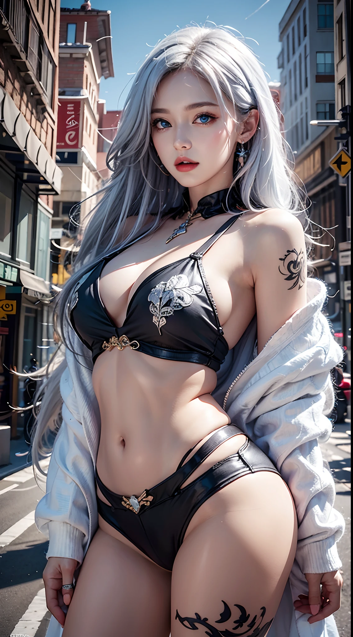photorealistic, high resolution, soft lights, 1women, 25 years old, solo, hips up, blue eyes, white hair, long hair, jewelry, tattoo, street wear