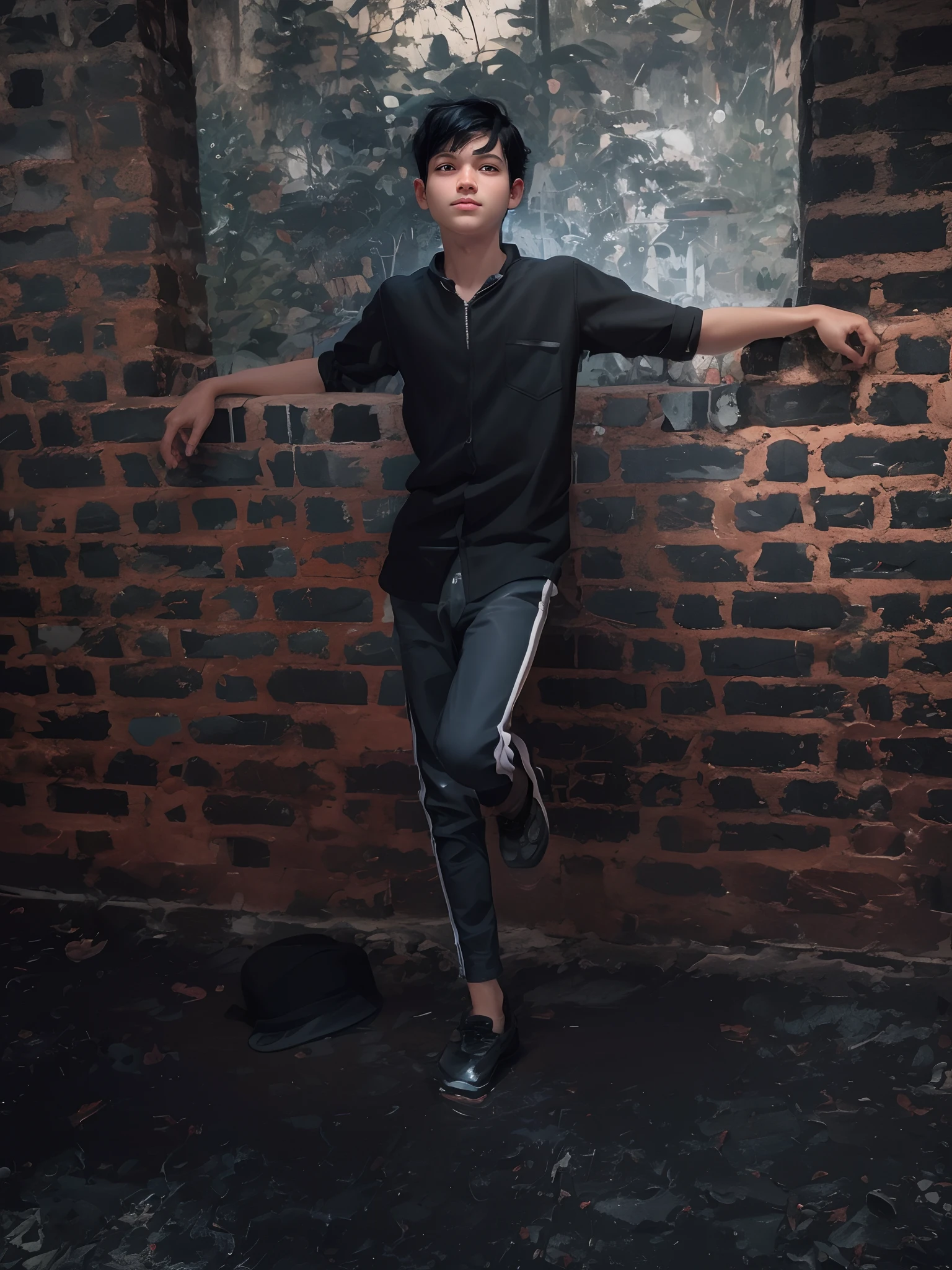 Boy made in abys, black hair, in the darkness same photo face