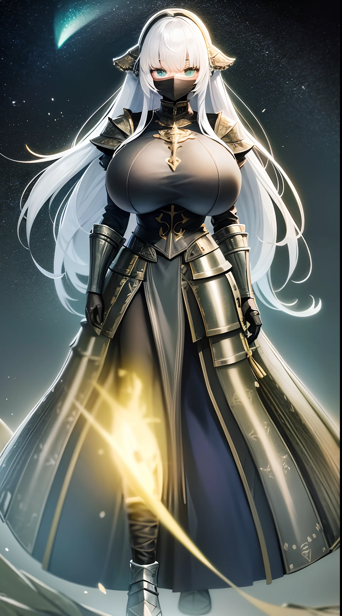 Magical style,Armor in medieval style,LED armor,Fluorescent armor, solo person, Solo,(gigantic breasts:1.3),European knights,machine girl,Cover your entire face,Full cover mask,blindfolds,Black iron boots,Black hand armor,Full body like,Stand at the night of the aurora,Walk in the wilderness,white backgrounid,simplebackground, technological background,