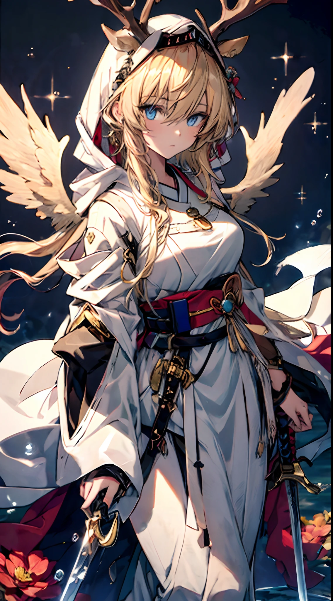 Fallen Star background,1girll, Long hair, golden hair, Blue eyes, komono, Japanese clothes, Solo, Fish, sword, Long hair, view the viewer, Wide sleeves, Bubble, hair flower, earring, pendant, Angel wings, standing, Holding, bangs, Animal, airbubble, water splash, Best quality, High quality, A high resolution, 4K, hyper-detailing, finedetail, An extremely delicate and beautiful,