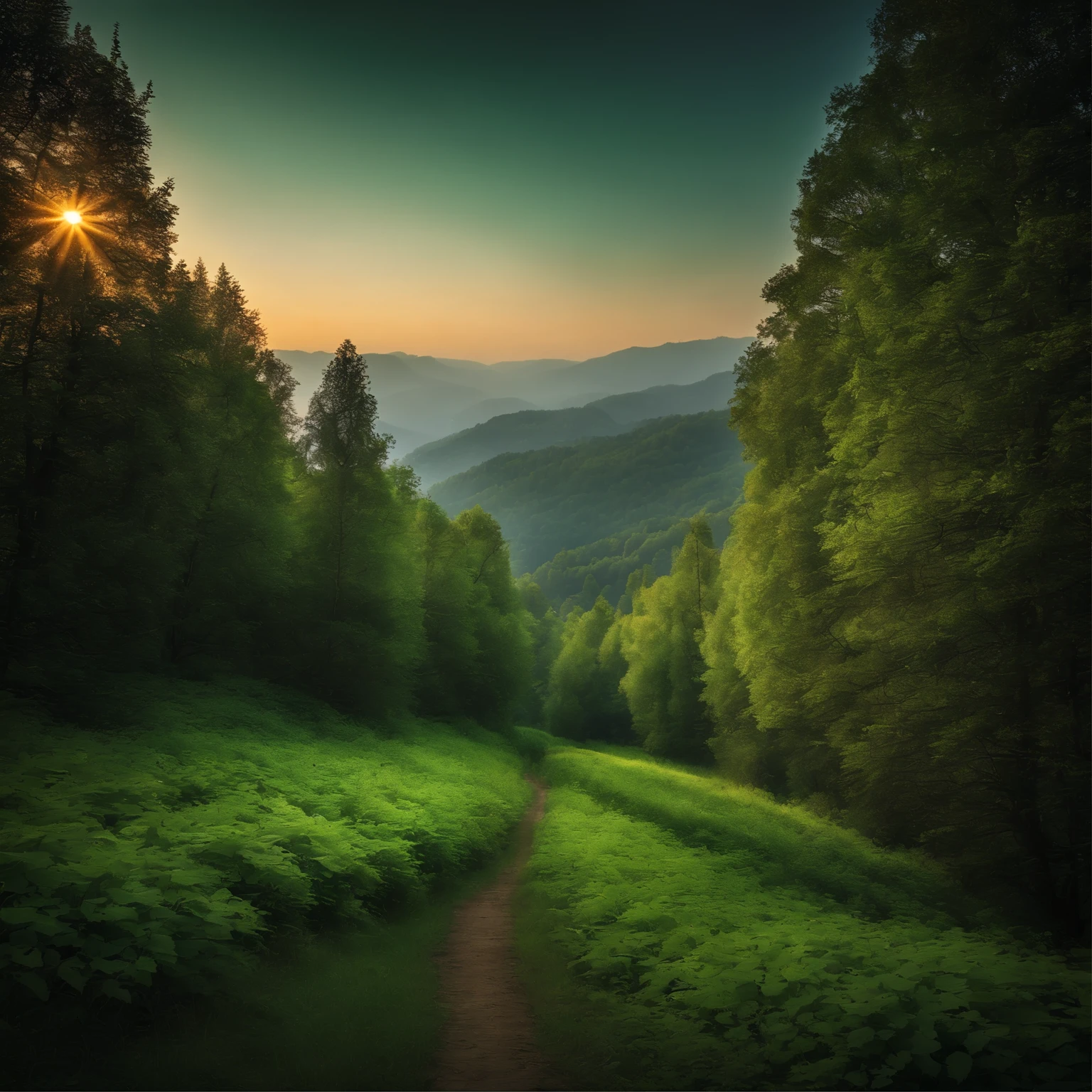 landscape photo, vignetting, masterpiece, super detail, high quality, award winning, 8k, peppermint, linden, Refreshing forest scent, deep sweetness, in Europe, pleasant breeze, theme color is dark green, natural light, in the evening