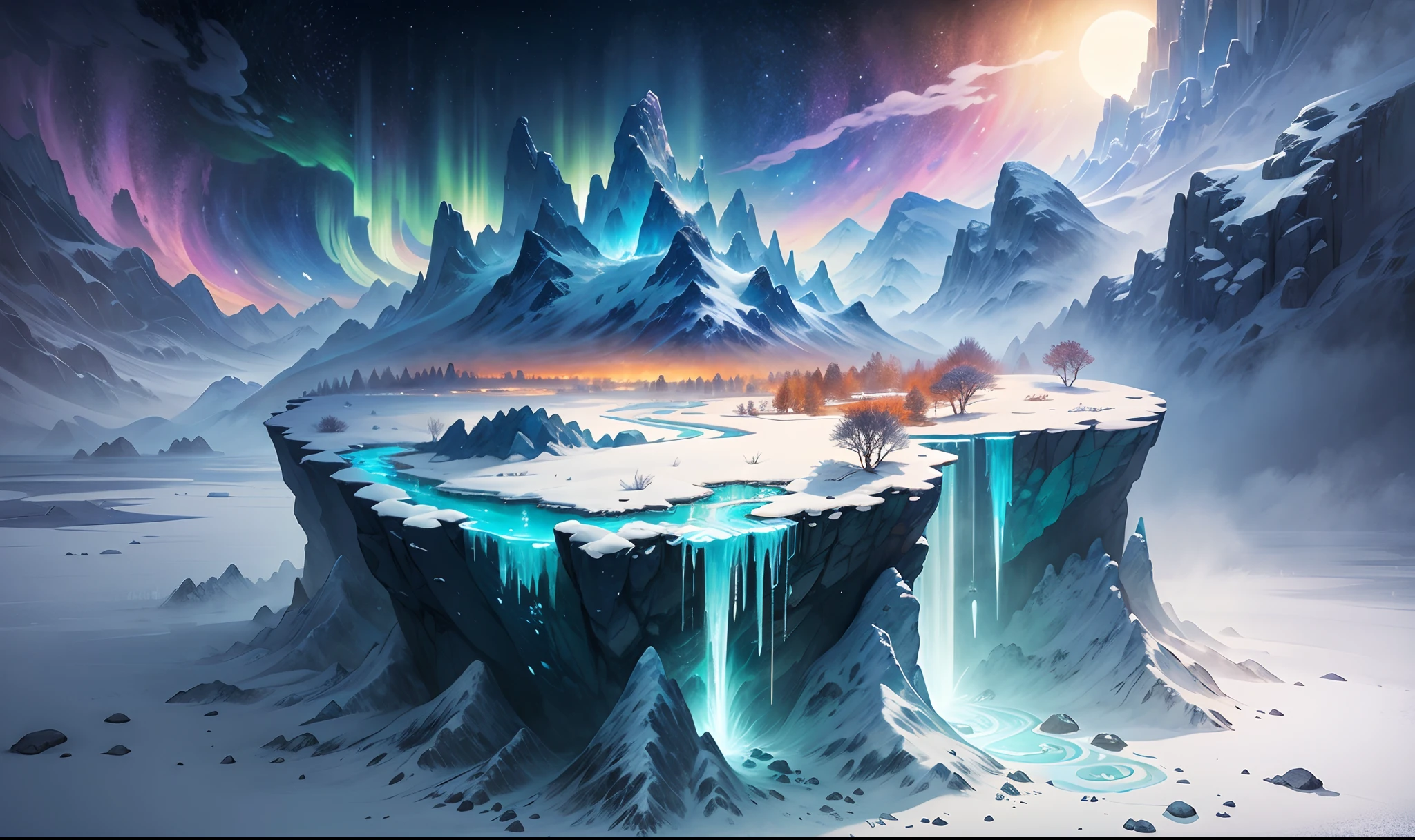 Space Magic Week, Magic concept art highlights,Ancient Chinese landscapes,snow mountains,snowy peak,mountain ranges,Winters,snowflower,Snow and ice cover,Ice Lake,Cold,branches,Bleak,fog atmosphere,blue-sky,baiyun,Rime,Winter sun,north wind,Icicles,snow landscape,holly,Pine,Ice,Frozen soil,Chill,ice - carving,aurora borealis(Very detailed CG unity 8K wallpaper),most beautiful artwork in the world,Professional majestic oil painting,iintricate,high detal,sharp fokus,dramatics,Realistic painting art,Romantic landscape style, canon eos 5d mark iv, Sunny impressionism, sparkling water reflections, high-quality photo, Stock Photo - AR 2:3 --v 5,a digital dreamscape, Magical fantasy 3D concept art, stunning concept art ,Warm pigments,Bright colors,Bright light,Extreme refinement,(tmasterpiece),super detailing,Epic composition,hyper HD,high qulity,offcial art,32k -- v 6